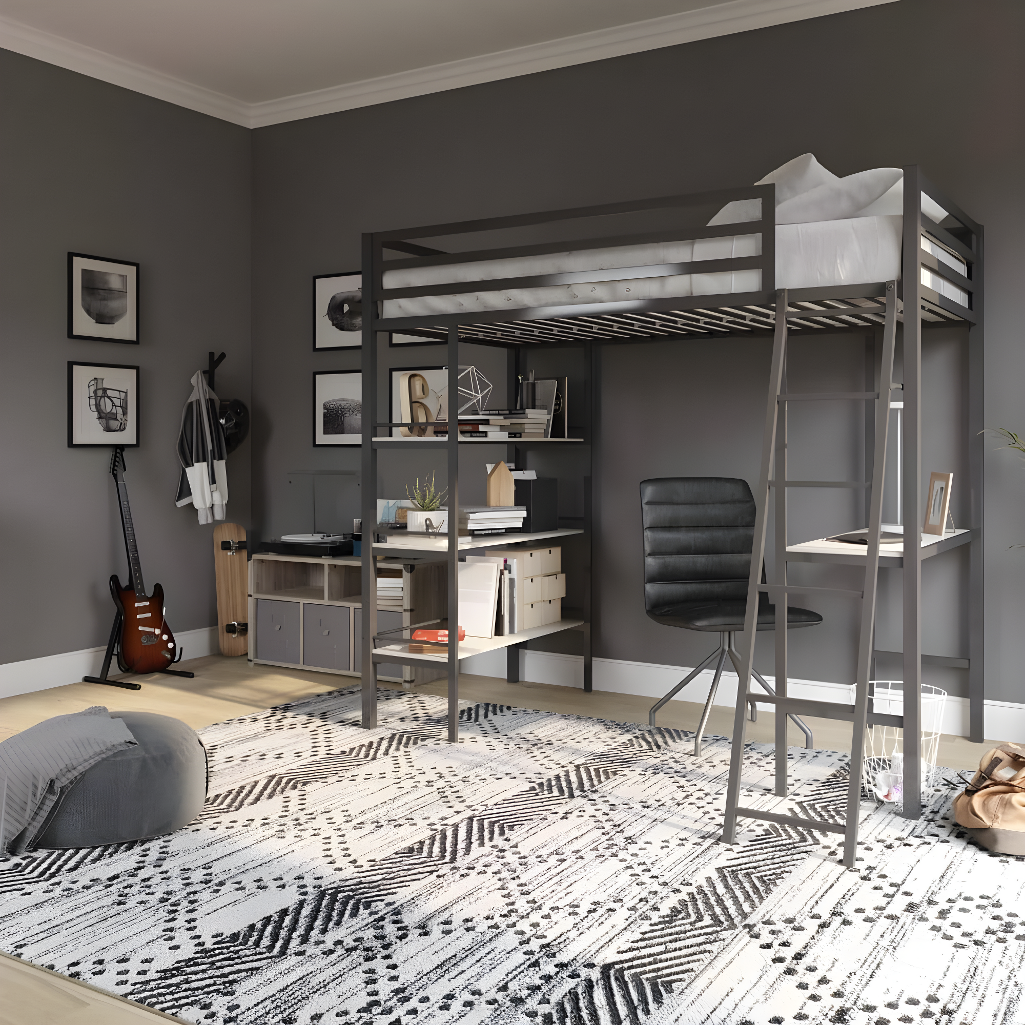 Max & Finn Nova Twin Metal Platform Loft Bed with Built-in-Desk