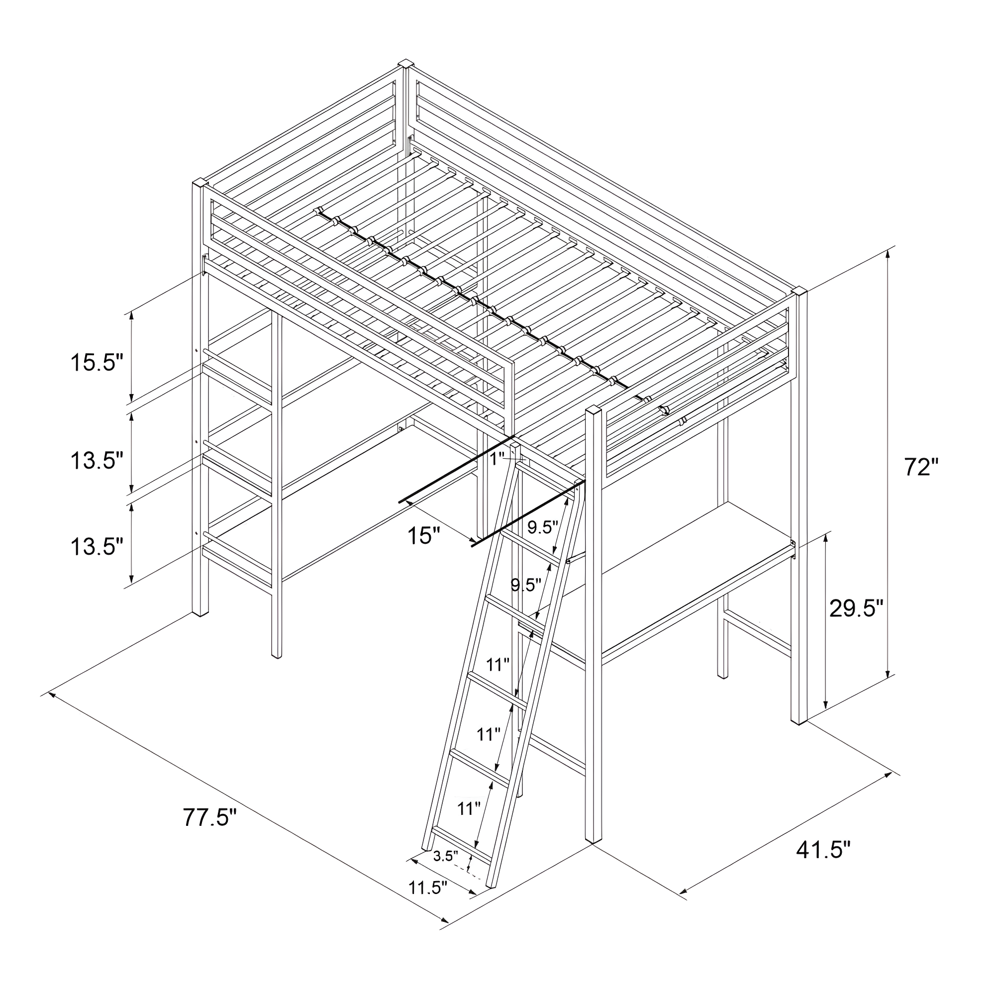 Max & Finn Nova Twin Metal Platform Loft Bed with Built-in-Desk