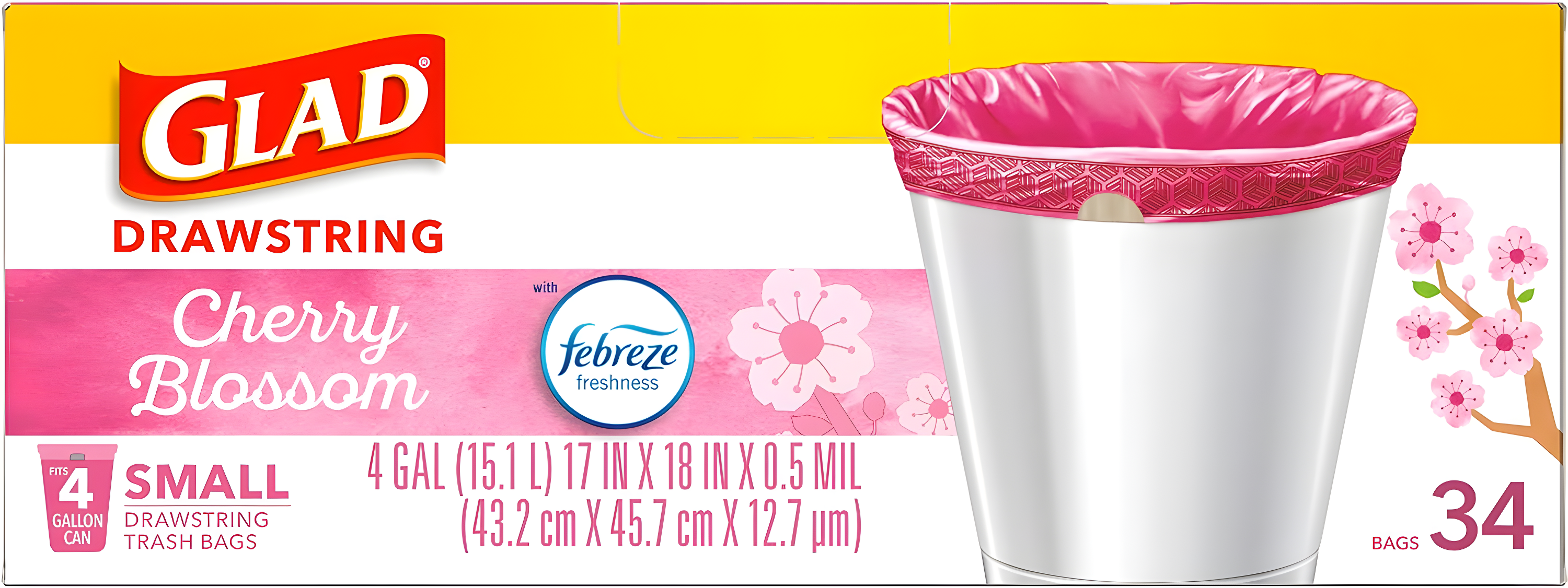 Glad Small Drawstring Trash Bags - Cherry Blossom - 34ct/4gal