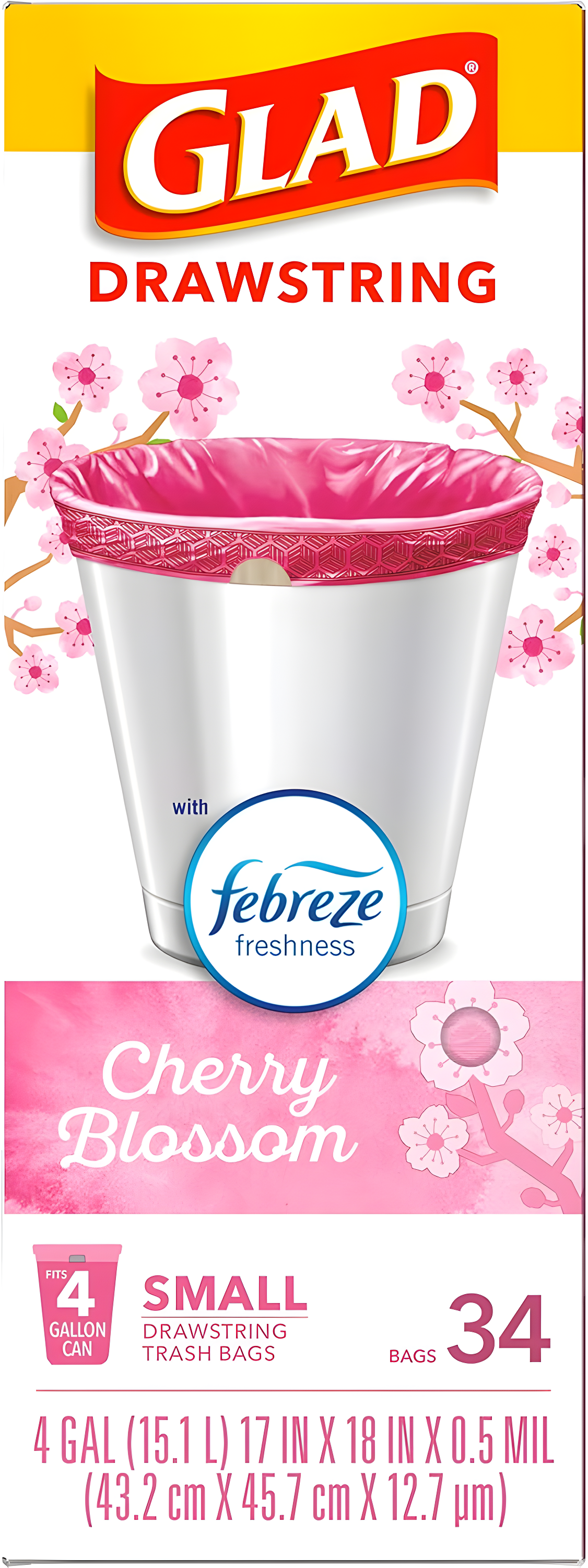 Glad Small Drawstring Trash Bags - Cherry Blossom - 34ct/4gal