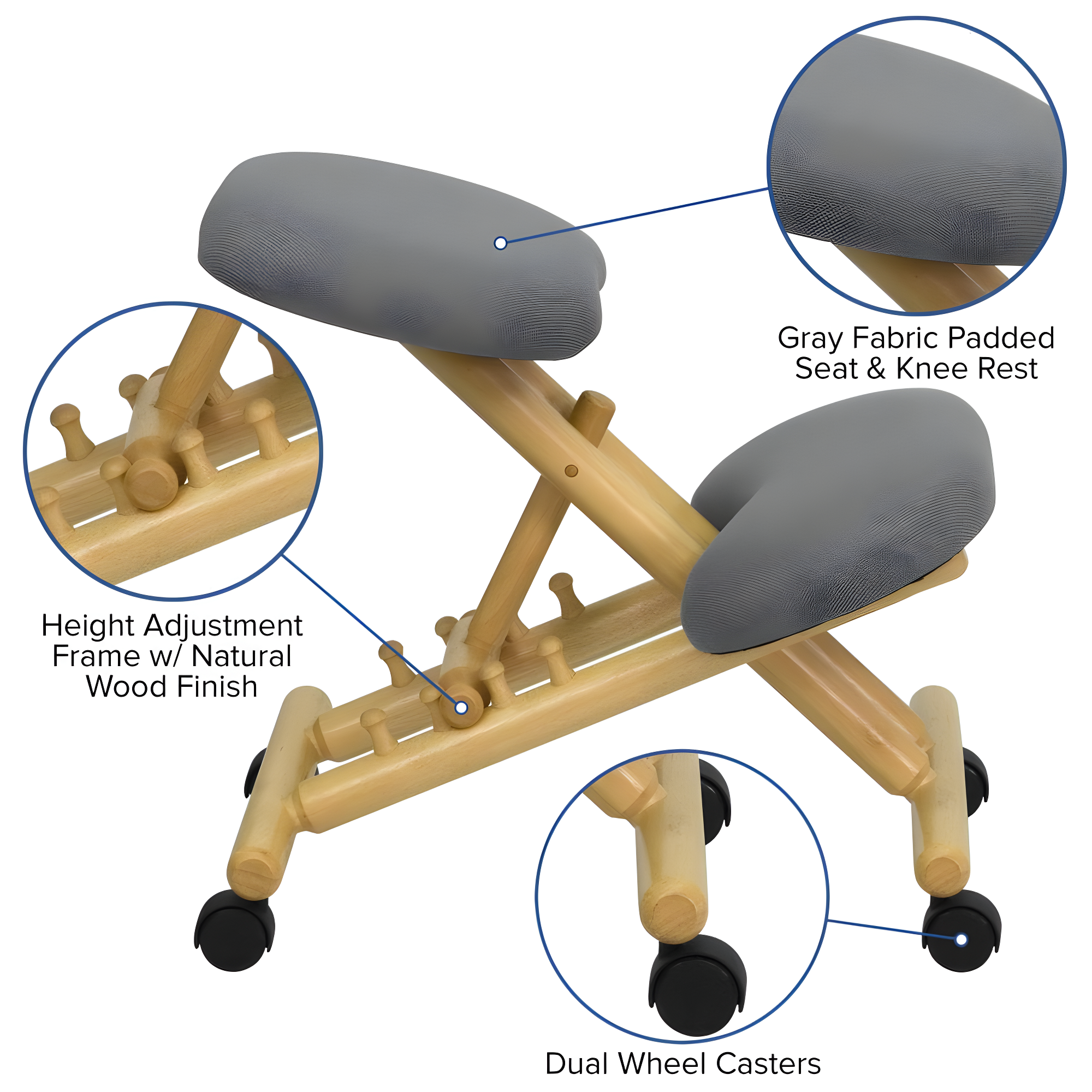 Bragg Posey Mobile Wooden Height-Adjustable Ergonomic Kneeling Office Chair