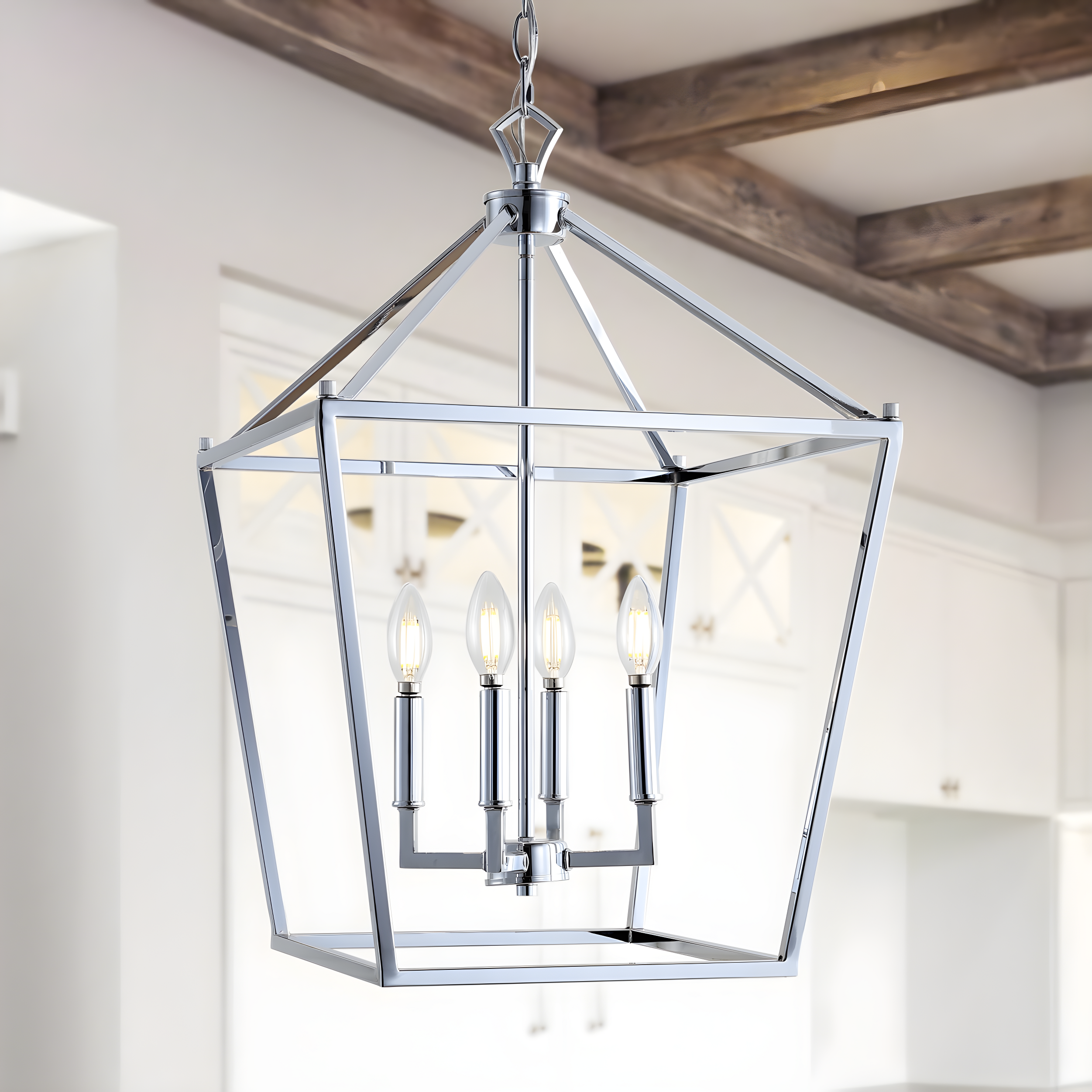 Pagoda 16" 4-Bulb Lantern Metal LED Pendant, Chrome