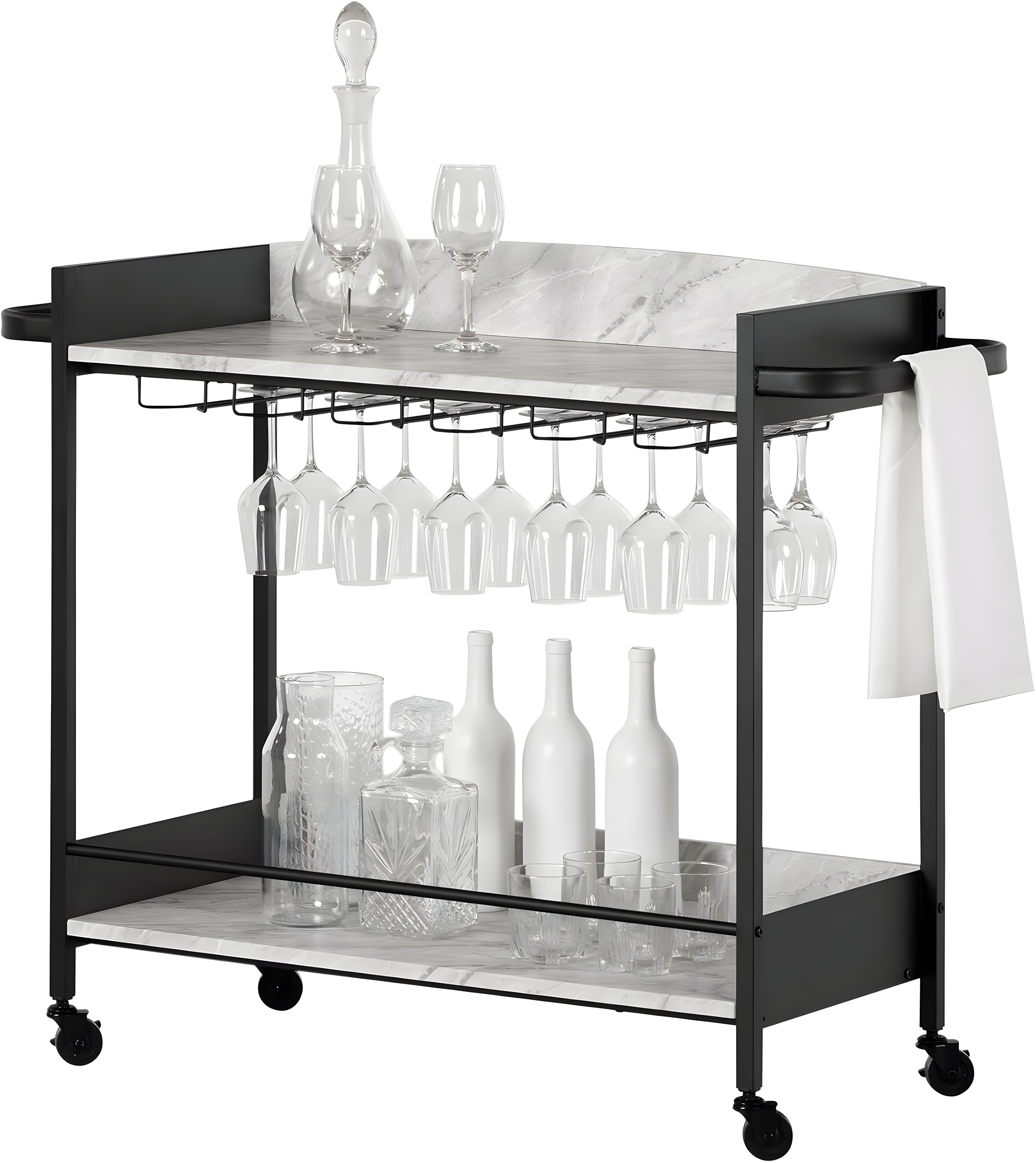 City Life Bar Cart with Wine Glass Rack Black/Faux Carrara Marble - South Shore
