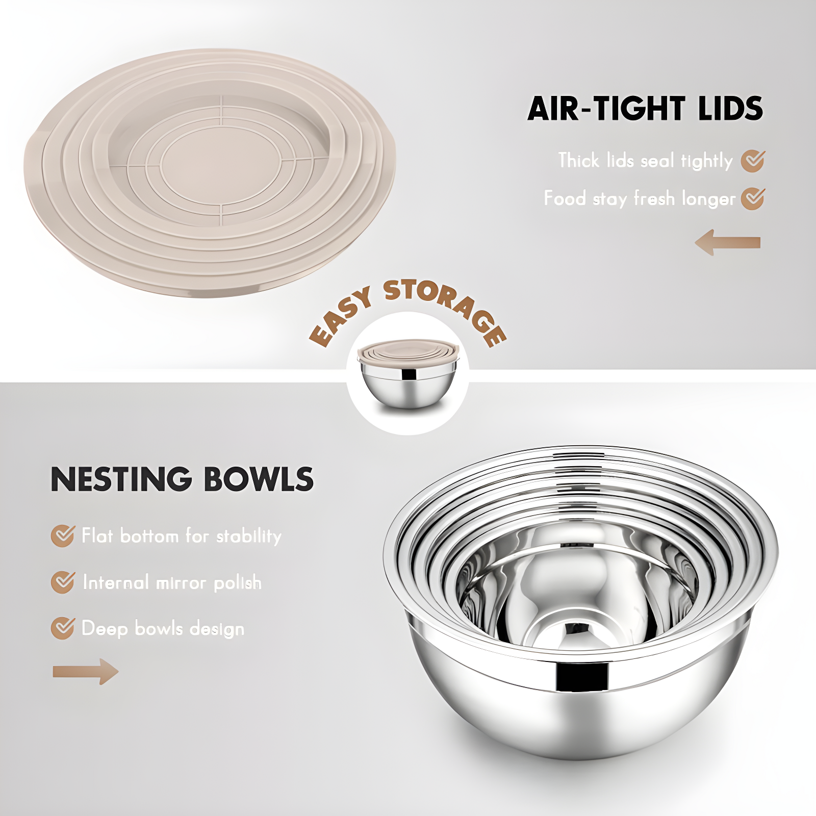 Toledo Bath & Kitchen Stainless Steel Mixing Bowls With Lids, 5-Pack Metal Nesting Bowls With Airtight Covers For Cooking, Baking, Serving, Storage, Non-Toxic & Dishwasher Safe, Size 4.6/3/1.5/1/0.7QT - Khaki