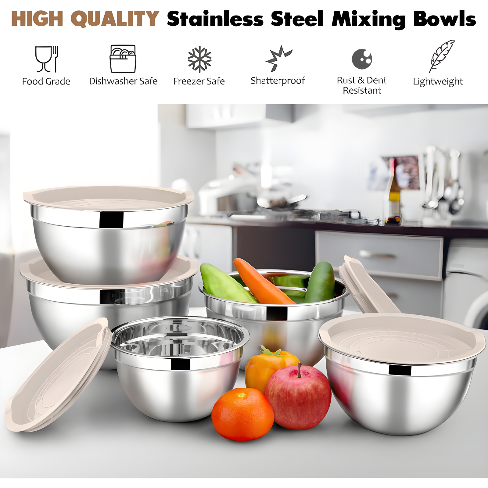Toledo Bath & Kitchen Stainless Steel Mixing Bowls With Lids, 5-Pack Metal Nesting Bowls With Airtight Covers For Cooking, Baking, Serving, Storage, Non-Toxic & Dishwasher Safe, Size 4.6/3/1.5/1/0.7QT - Khaki