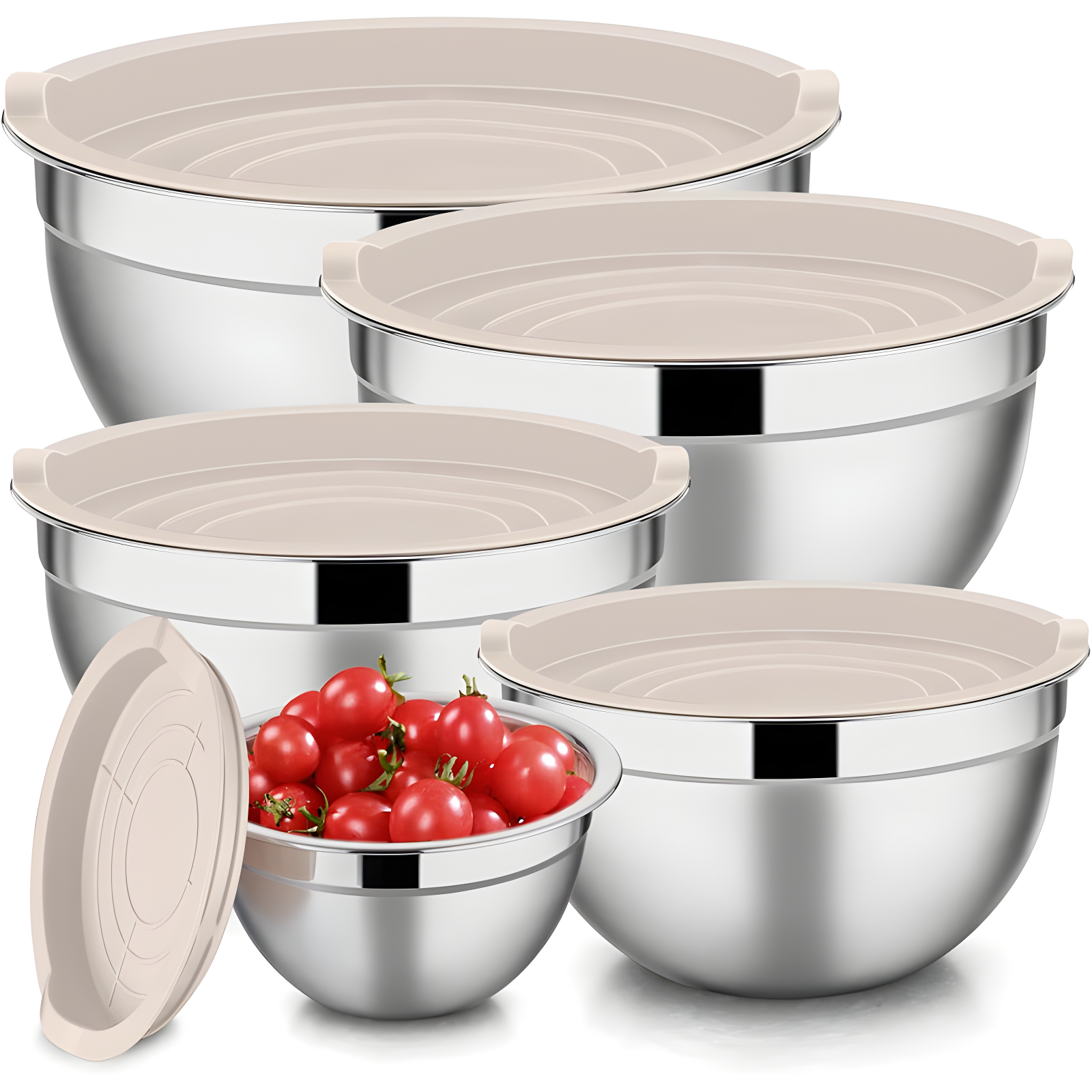 Toledo Bath & Kitchen Stainless Steel Mixing Bowls With Lids, 5-Pack Metal Nesting Bowls With Airtight Covers For Cooking, Baking, Serving, Storage, Non-Toxic & Dishwasher Safe, Size 4.6/3/1.5/1/0.7QT - Khaki