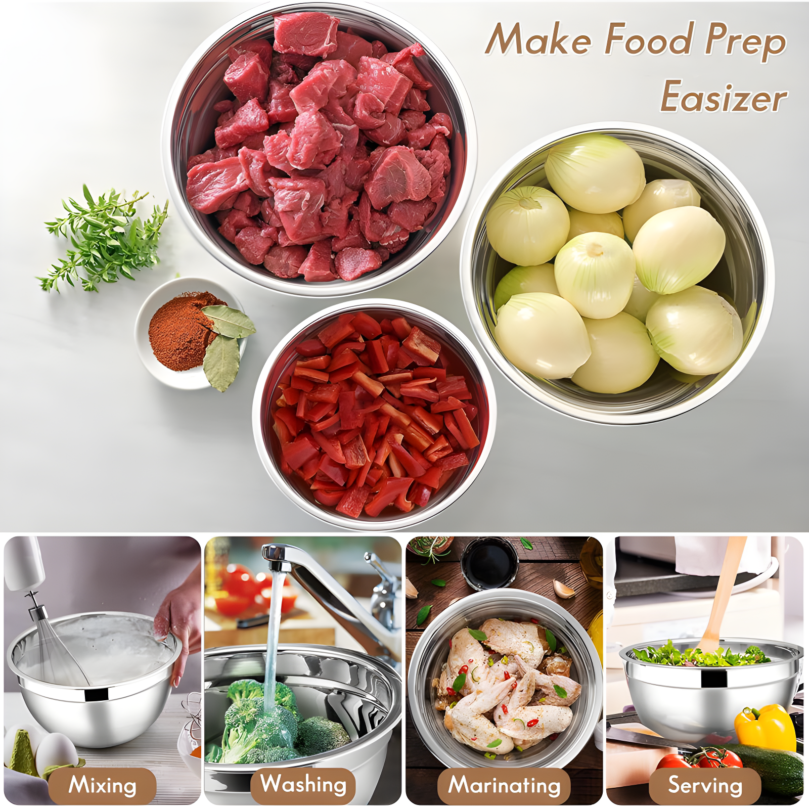 Toledo Bath & Kitchen Stainless Steel Mixing Bowls With Lids, 5-Pack Metal Nesting Bowls With Airtight Covers For Cooking, Baking, Serving, Storage, Non-Toxic & Dishwasher Safe, Size 4.6/3/1.5/1/0.7QT - Khaki