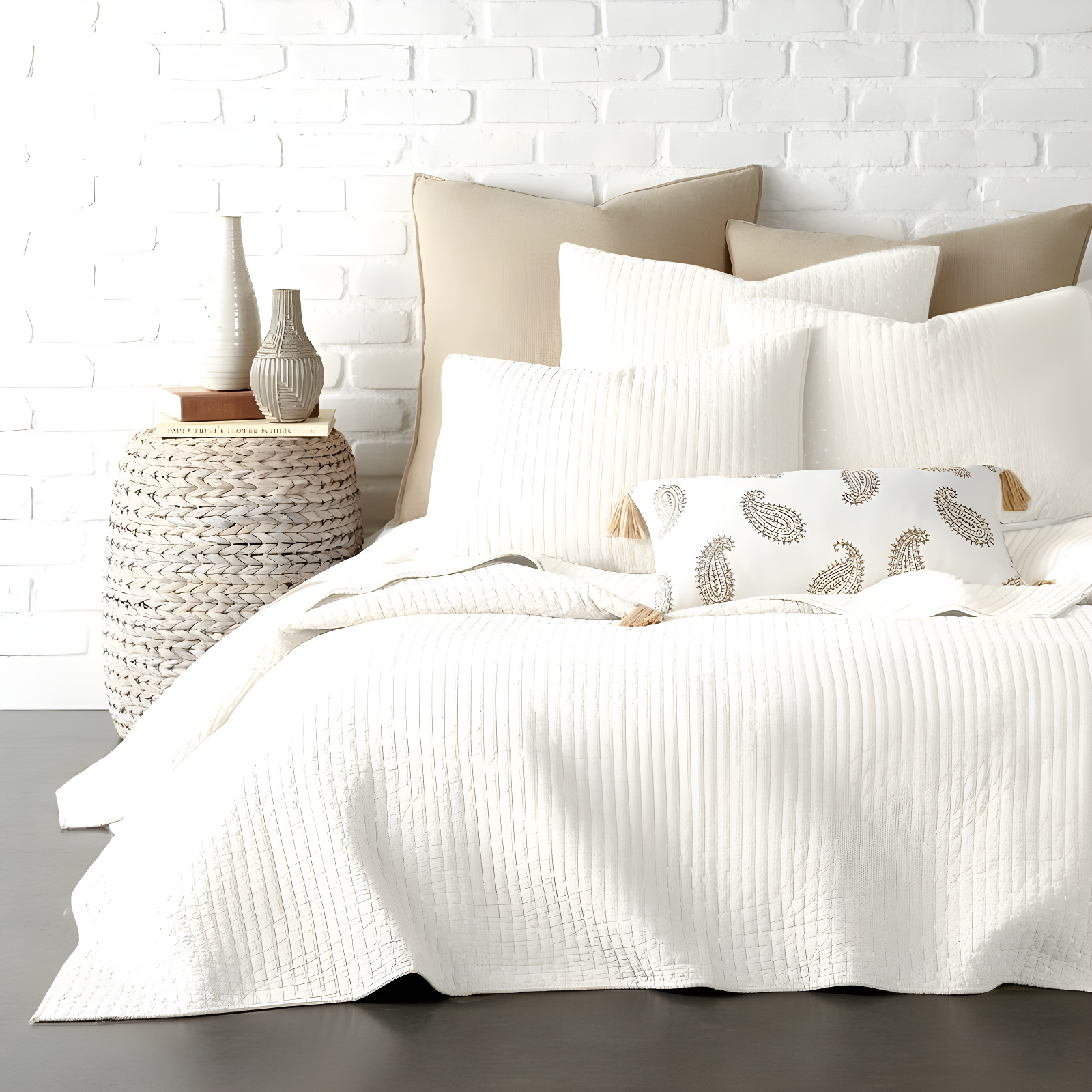 The Industrial Shop 3pc King Solid Quilt and Sham Bedding Set Cream: Rustic Percale, Machine Washable