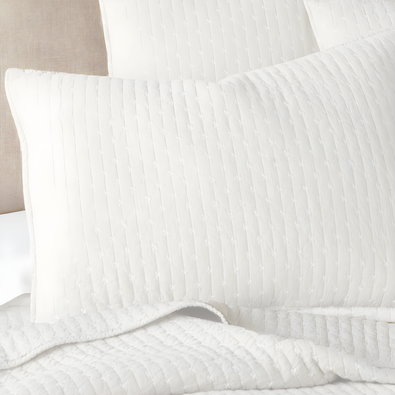 The Industrial Shop 3pc King Solid Quilt and Sham Bedding Set Cream: Rustic Percale, Machine Washable