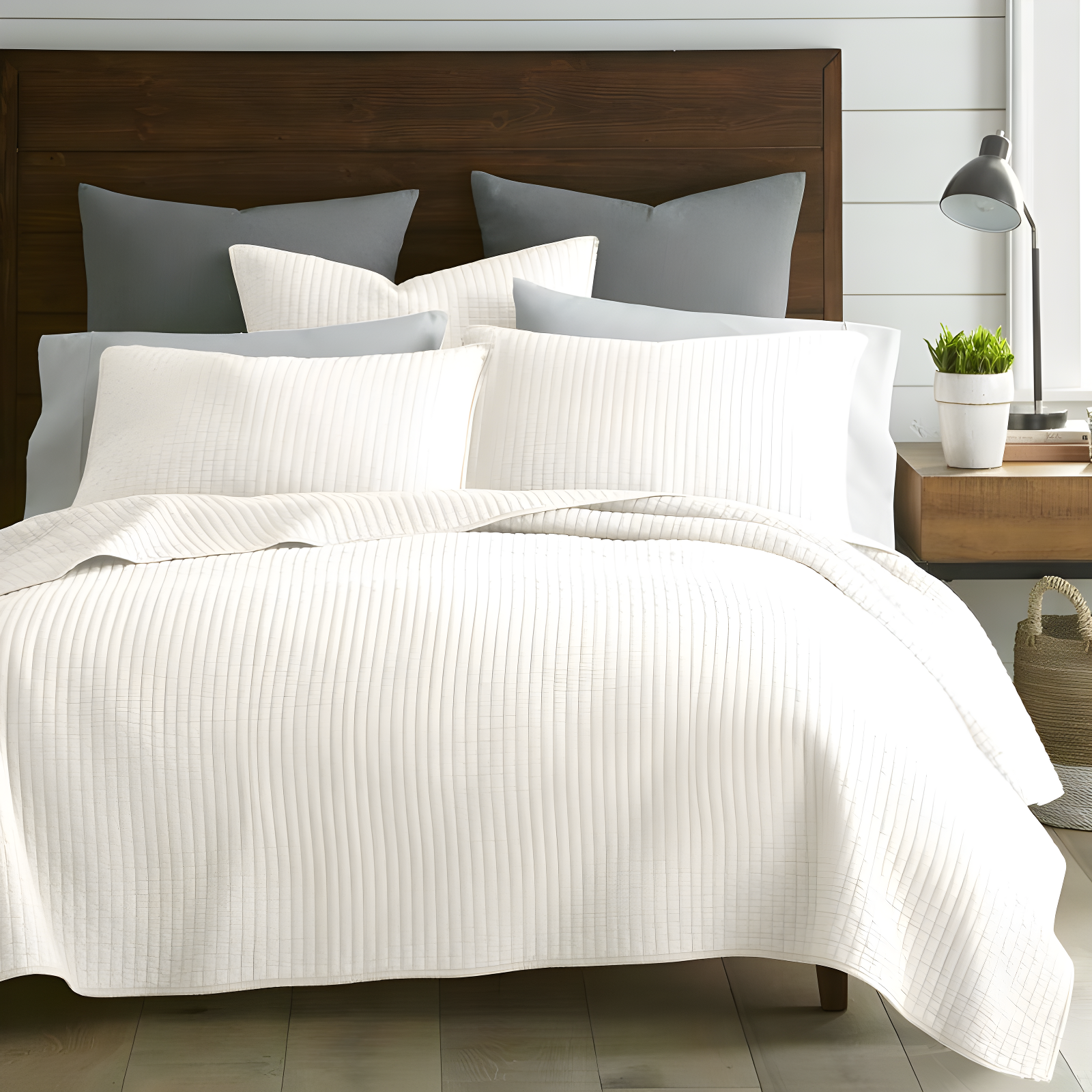 The Industrial Shop 3pc King Solid Quilt and Sham Bedding Set Cream: Rustic Percale, Machine Washable