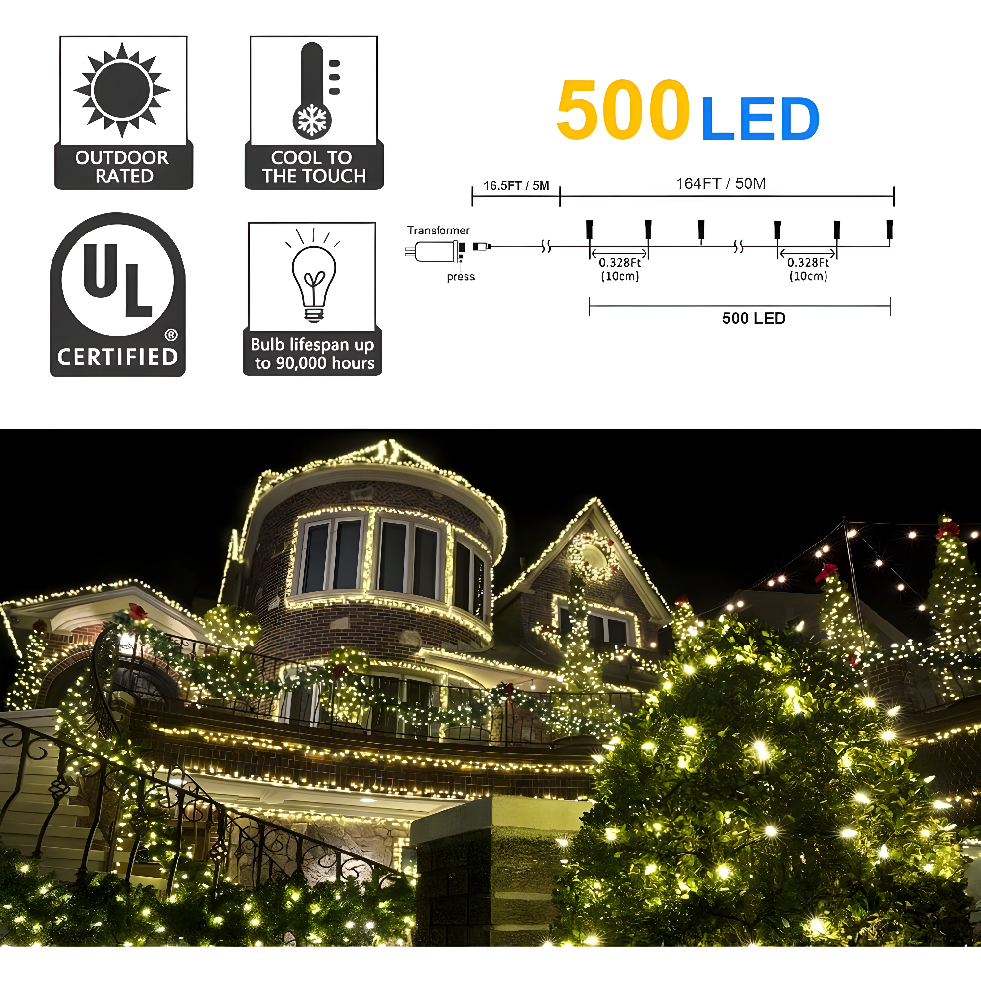 Dazzle Bright 164 FT 500 LED Christmas String Lights, Waterproof Green Wire String Lights with 8 Modes, Outdoor Christmas Decorations for Indoor Garden Party Yard Decor (Warm White)