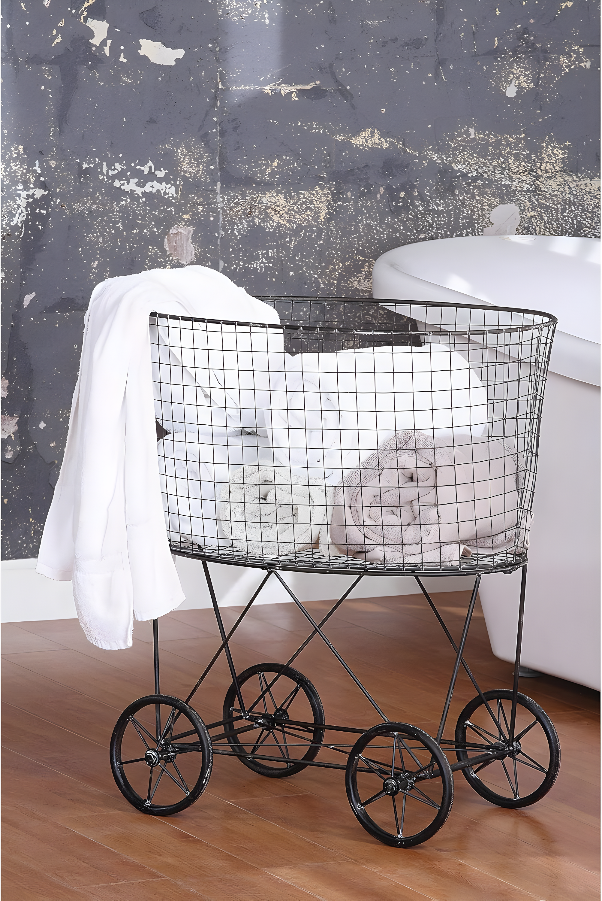 Metal Vintage Laundry Basket with Wheels - Storied Home: Garment Storage, Multipurpose Basket