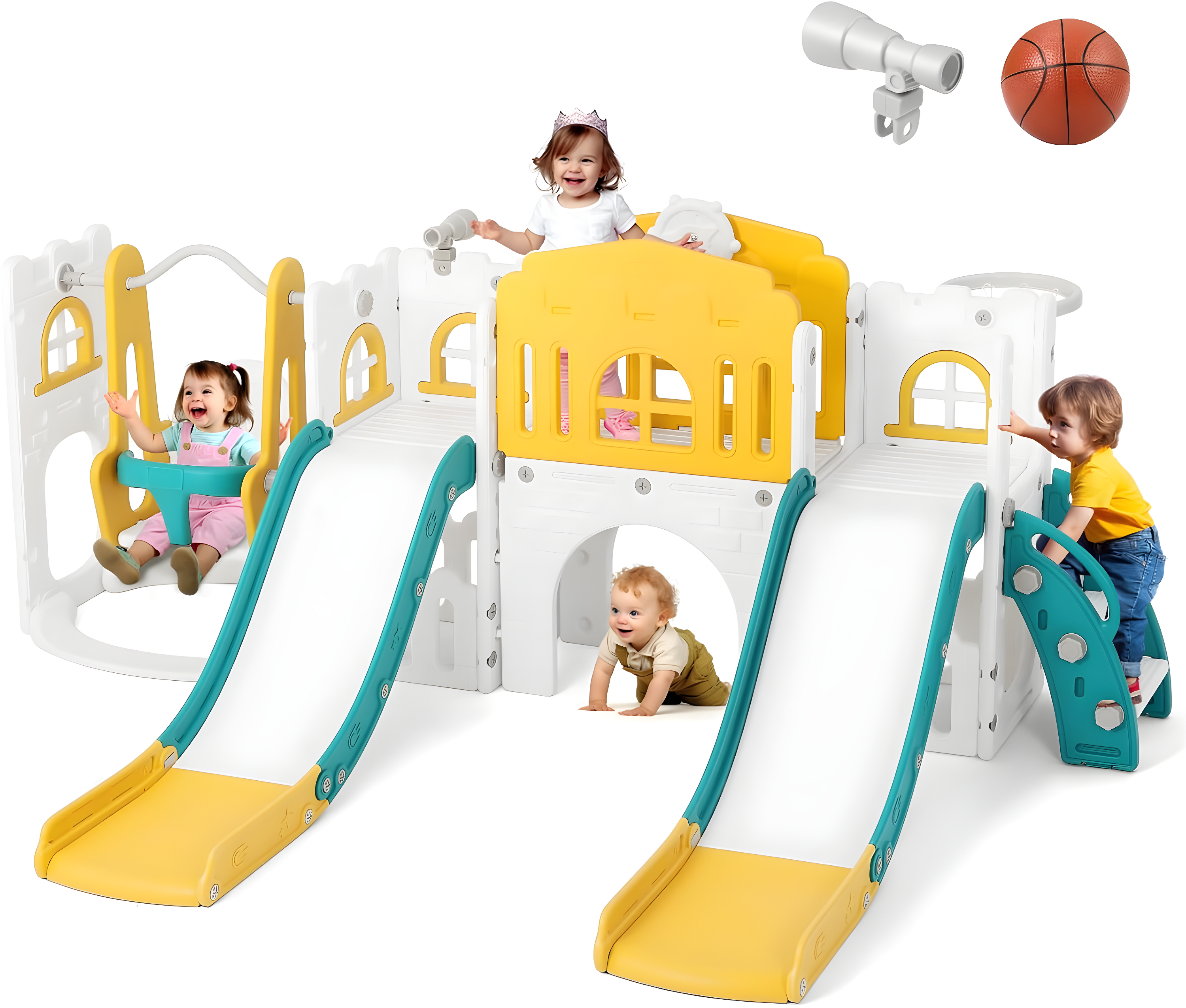 10 in 1 Toddler Slide, Age 1-3 with Swing, Basketball Hoop and Telescope, Kid Slide for Toddlers, Indoor Outdoor Playset Toddler Playground