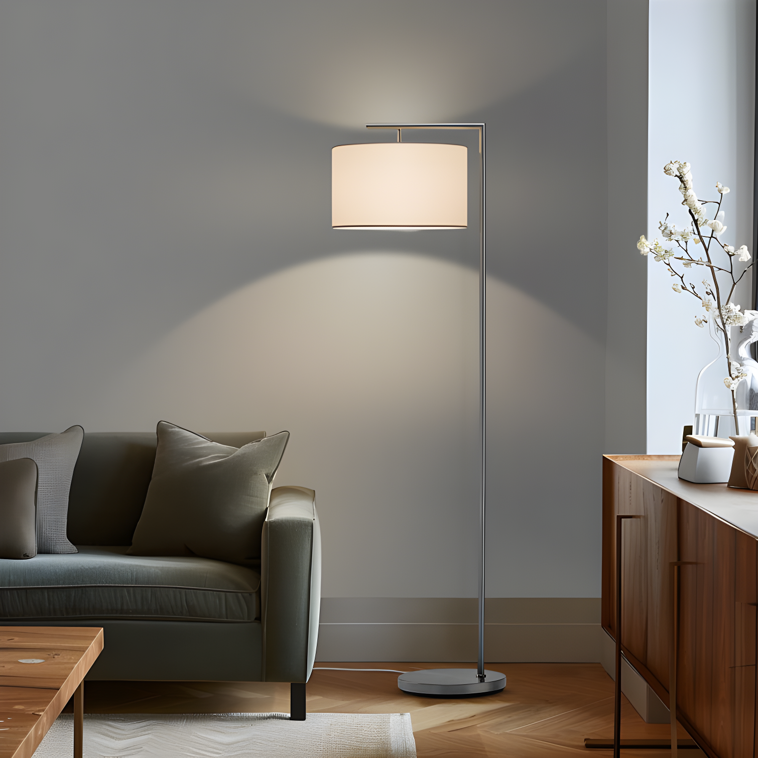 Montage Modern 60 in. Mid-Century Modern LED Floor Lamp with Fabric Drum Shade