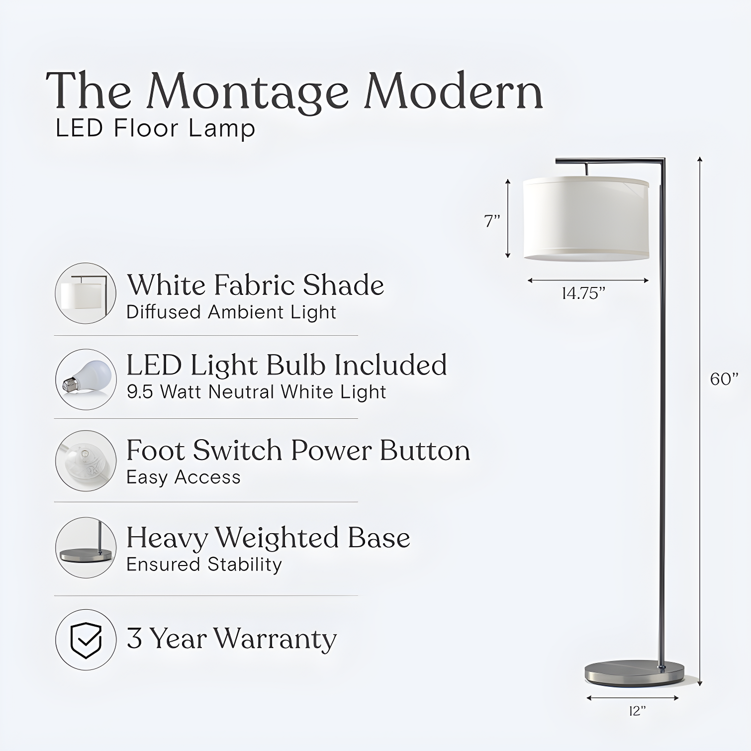 Montage Modern 60 in. Mid-Century Modern LED Floor Lamp with Fabric Drum Shade
