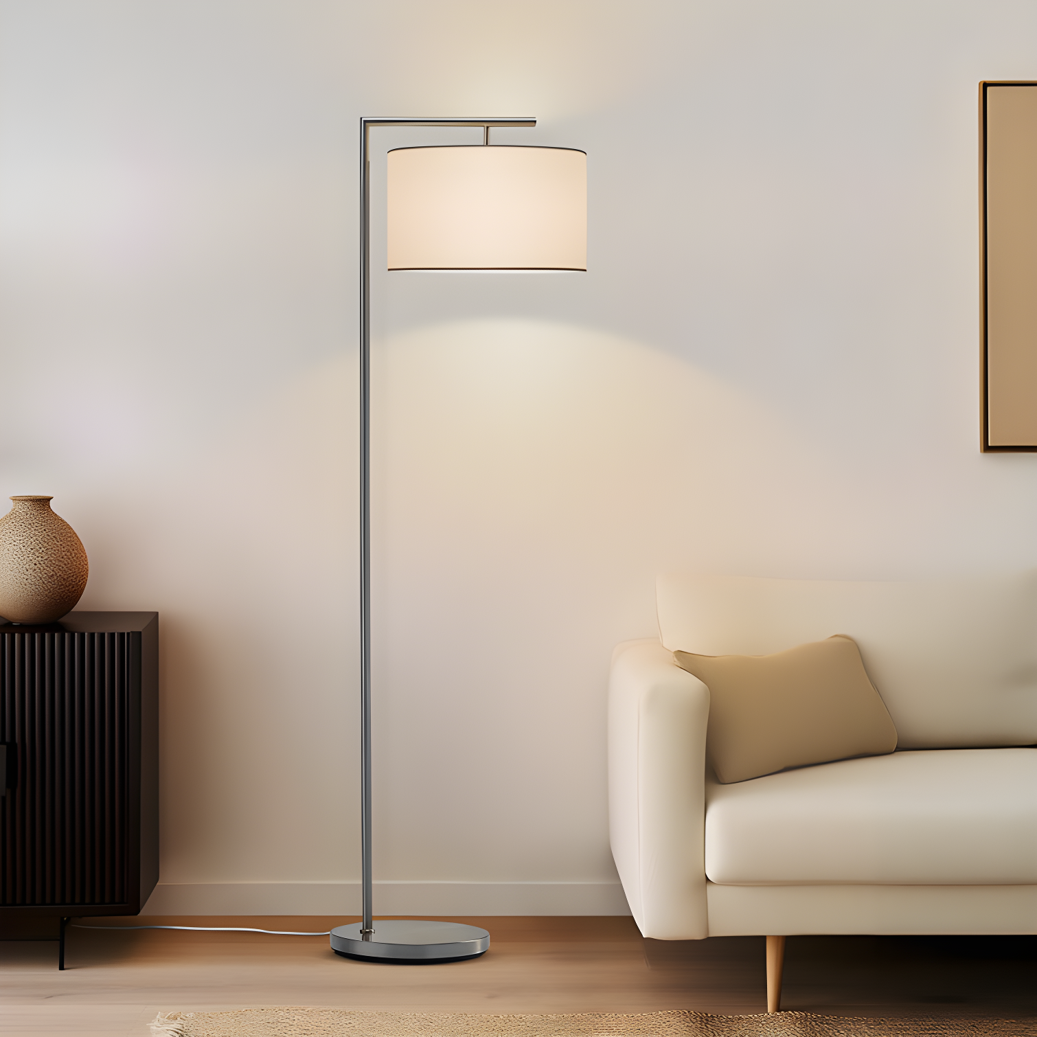 Montage Modern 60 in. Mid-Century Modern LED Floor Lamp with Fabric Drum Shade