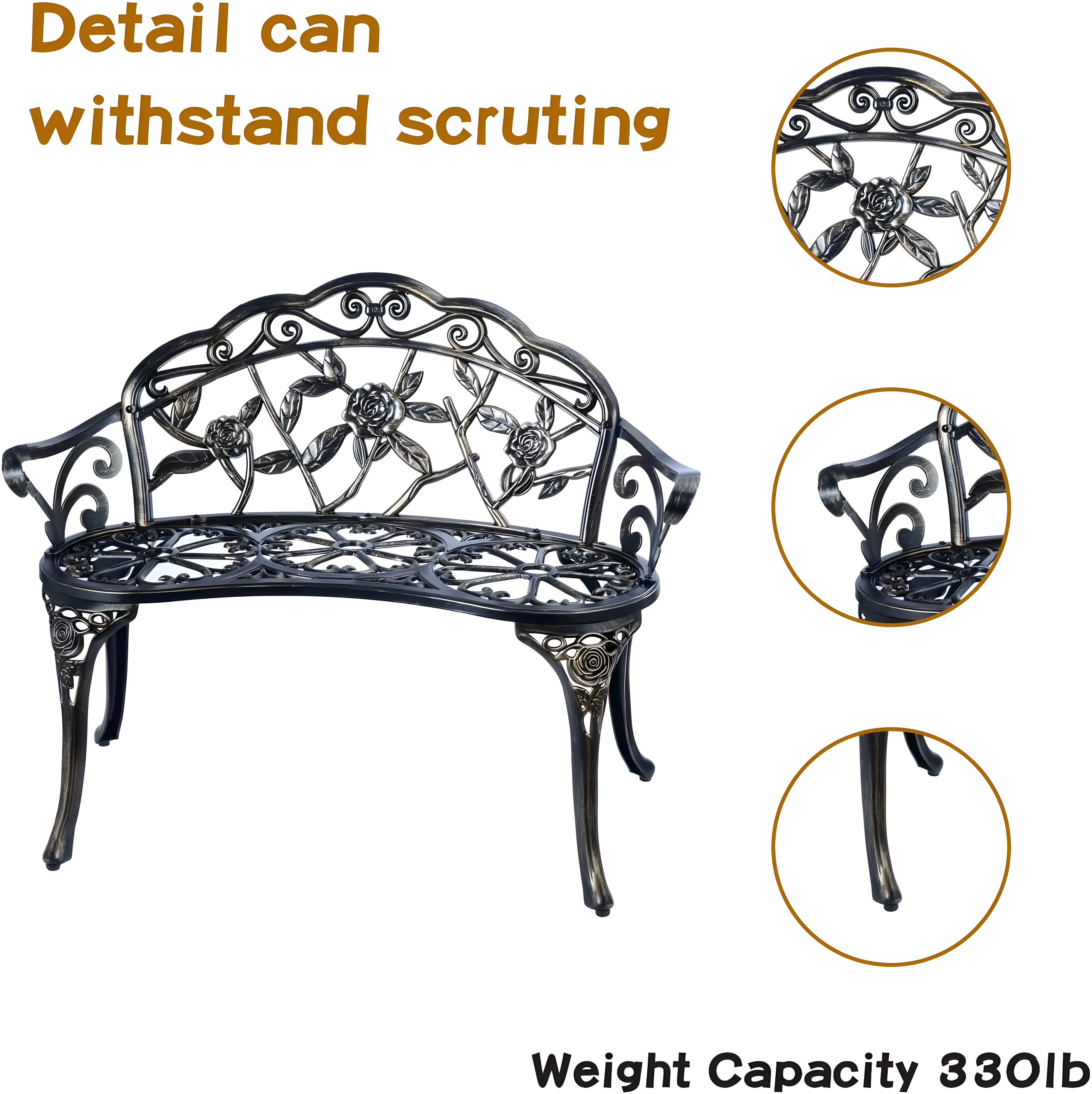 Patio Garden Bench Metal Park Bench Cast Aluminum Outdoor Furniture With Floral Rose,Copper