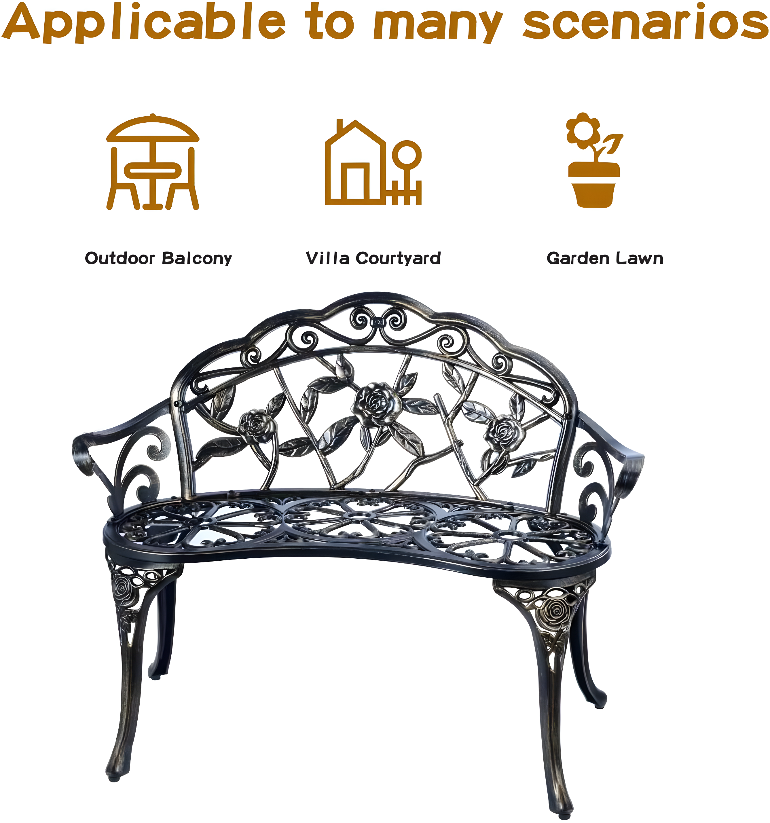 Patio Garden Bench Metal Park Bench Cast Aluminum Outdoor Furniture With Floral Rose,Copper