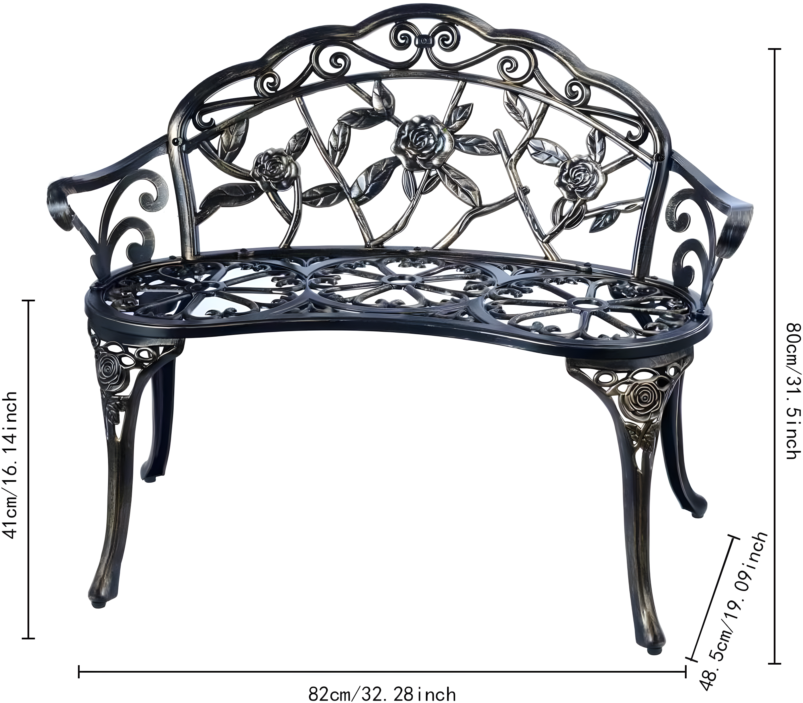 Patio Garden Bench Metal Park Bench Cast Aluminum Outdoor Furniture With Floral Rose,Copper
