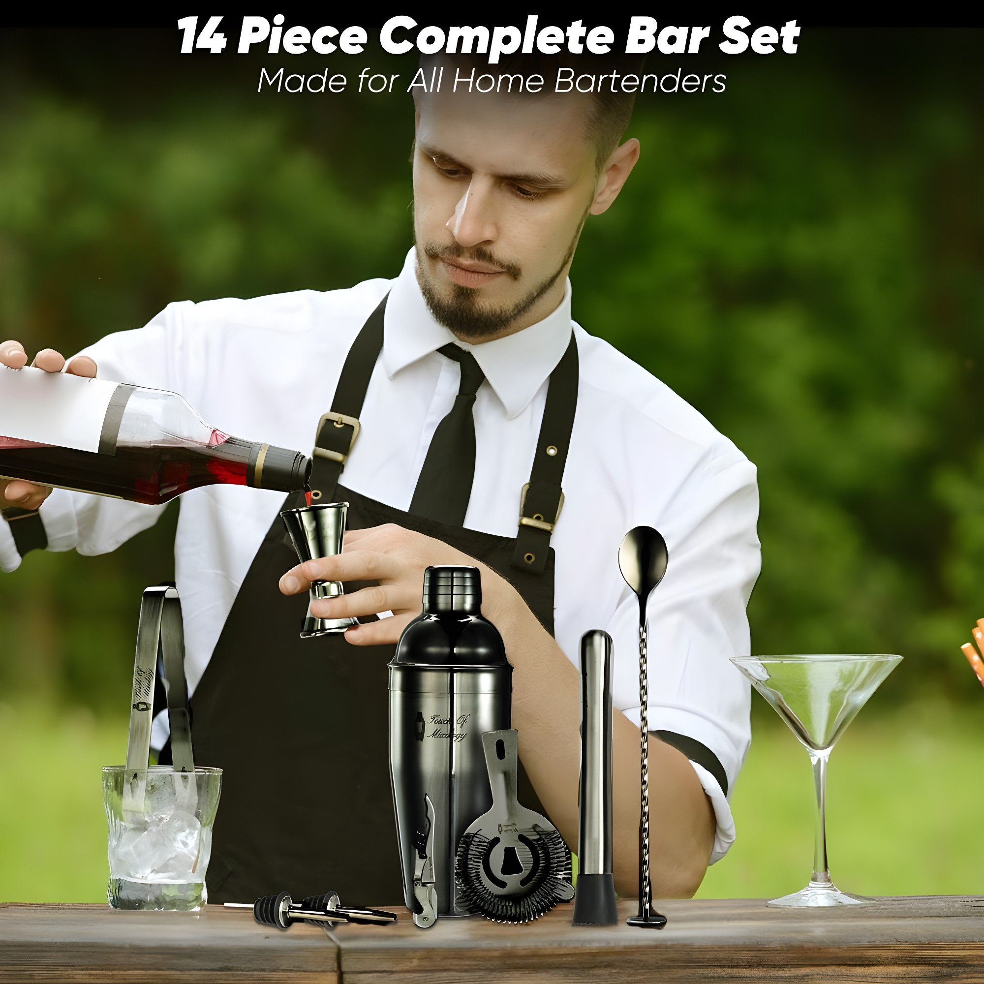 Touch of Mixology Premium 14 Piece Stainless Steel Bartender Kit with Bamboo Stand (Dark Metallic)