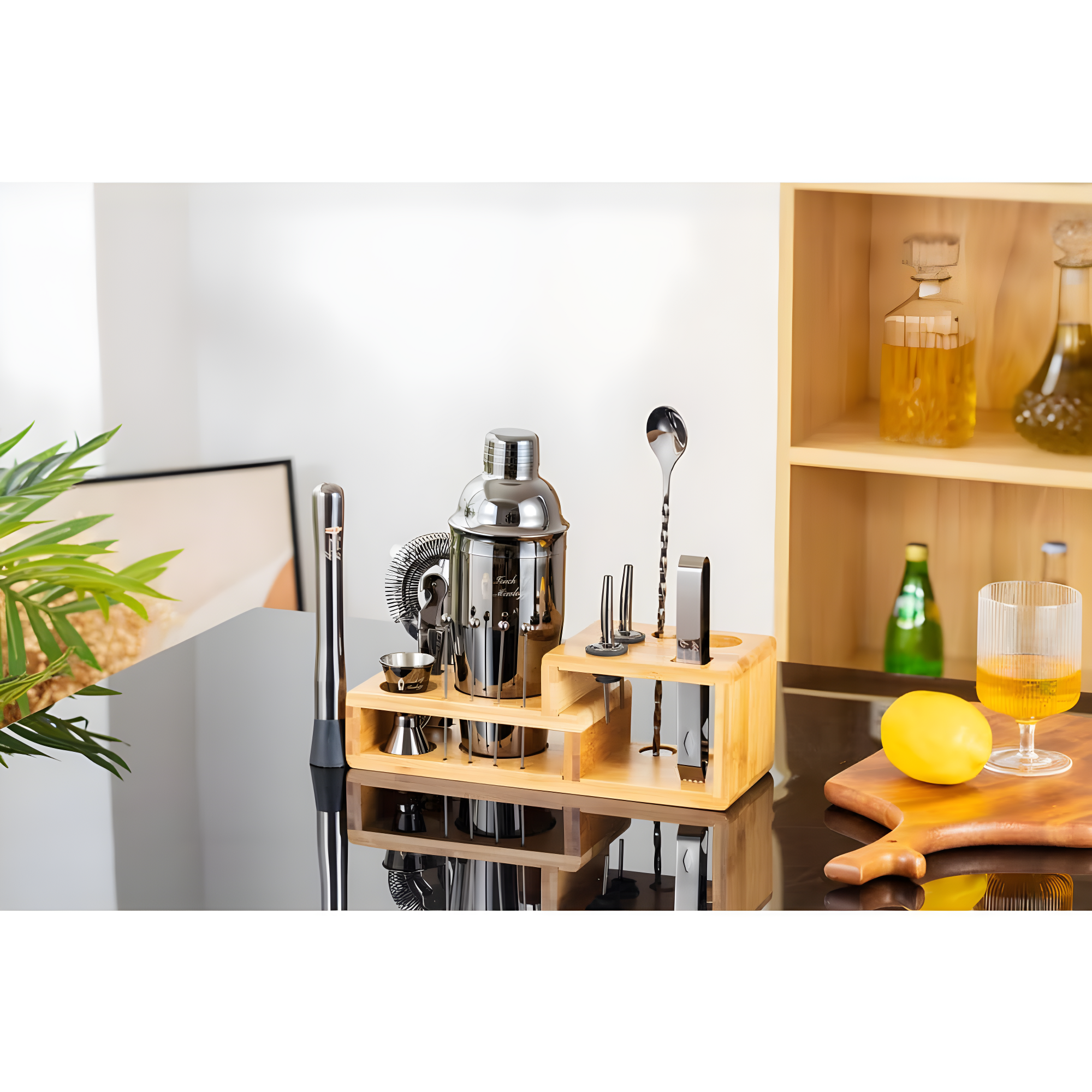 Touch of Mixology Premium 14 Piece Stainless Steel Bartender Kit with Bamboo Stand (Dark Metallic)