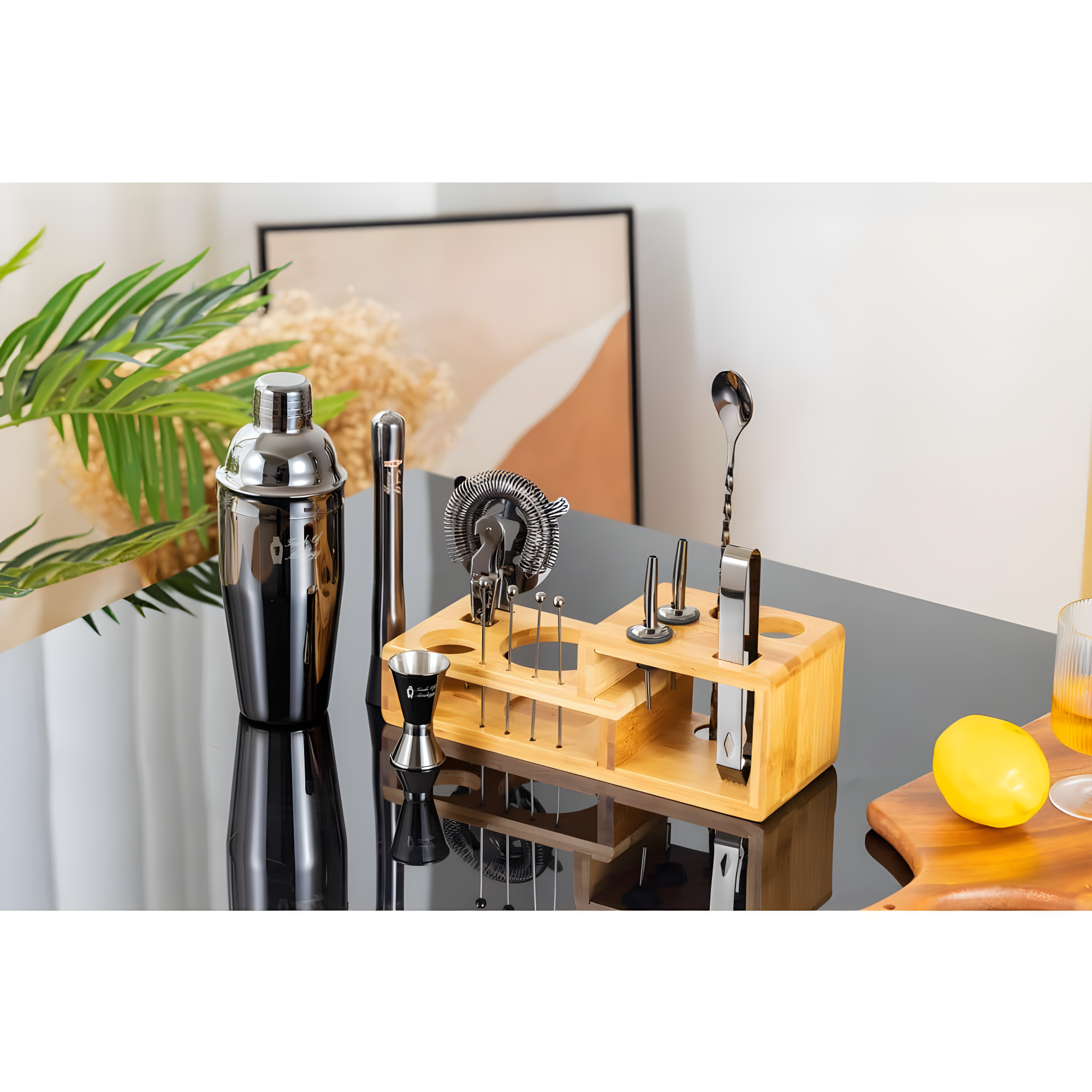 Touch of Mixology Premium 14 Piece Stainless Steel Bartender Kit with Bamboo Stand (Dark Metallic)