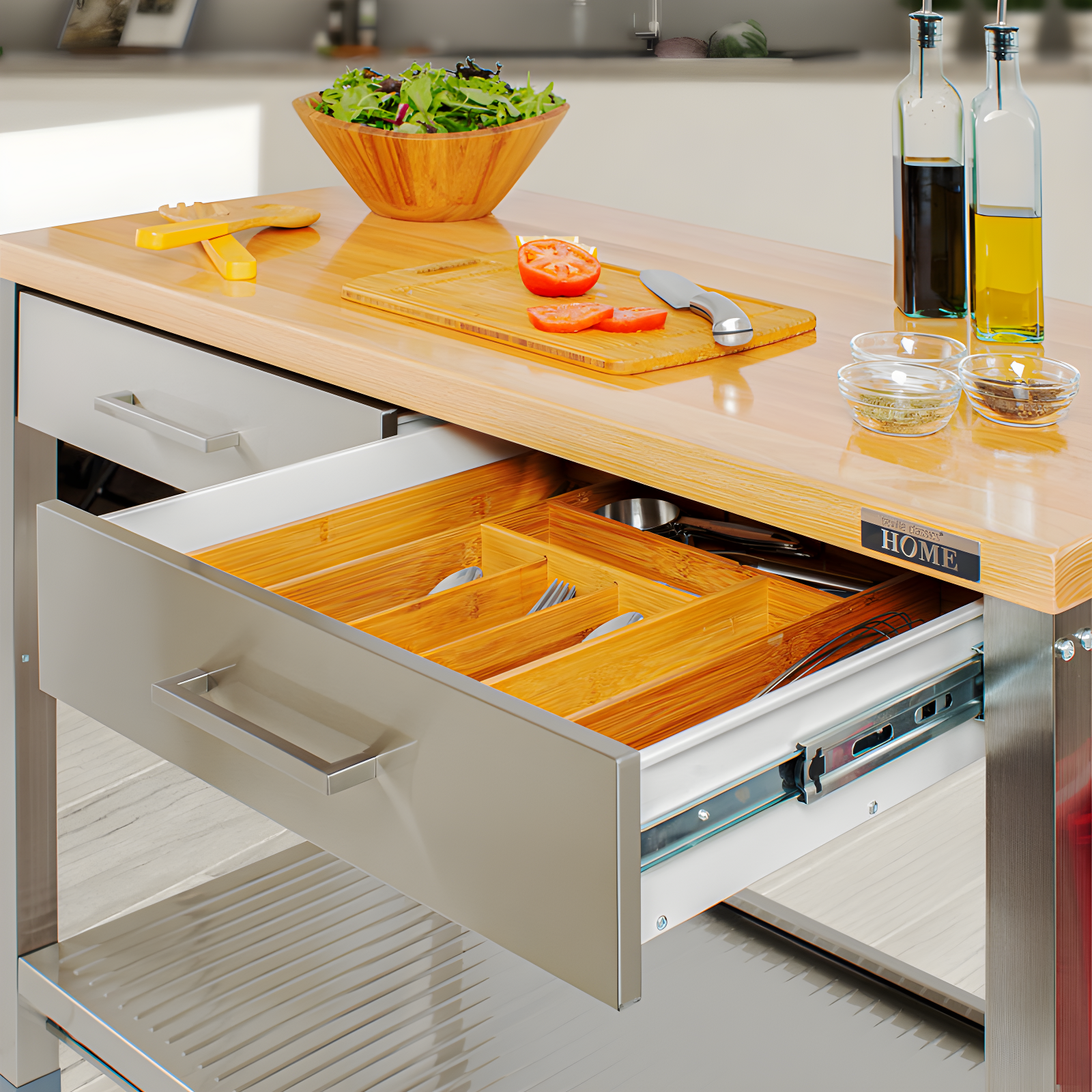 48'' Wide Stainless Steel Kitchen Rolling Cart Island with Solid Wood Top