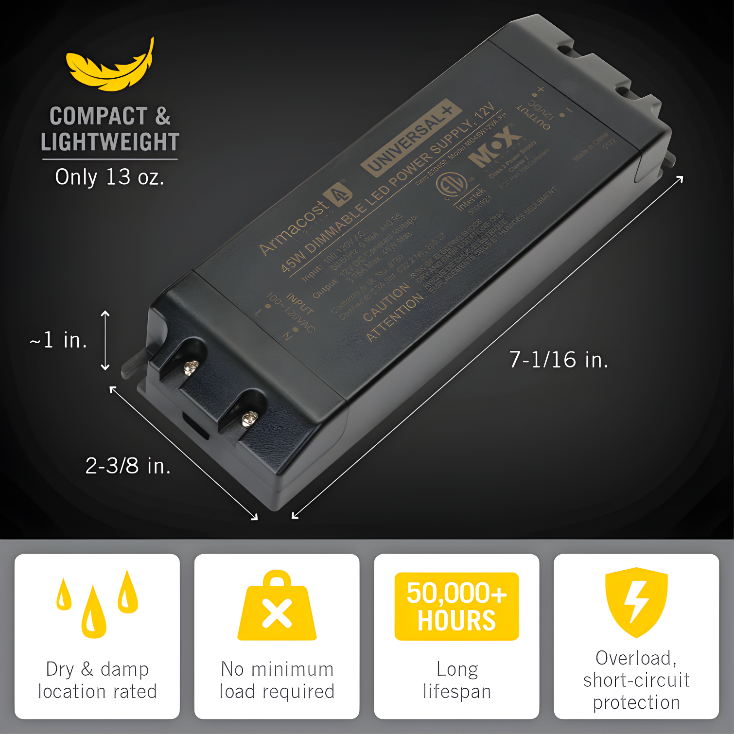 Universal+ Dimmable LED Driver 12V DC, 60W Electronic Transformer