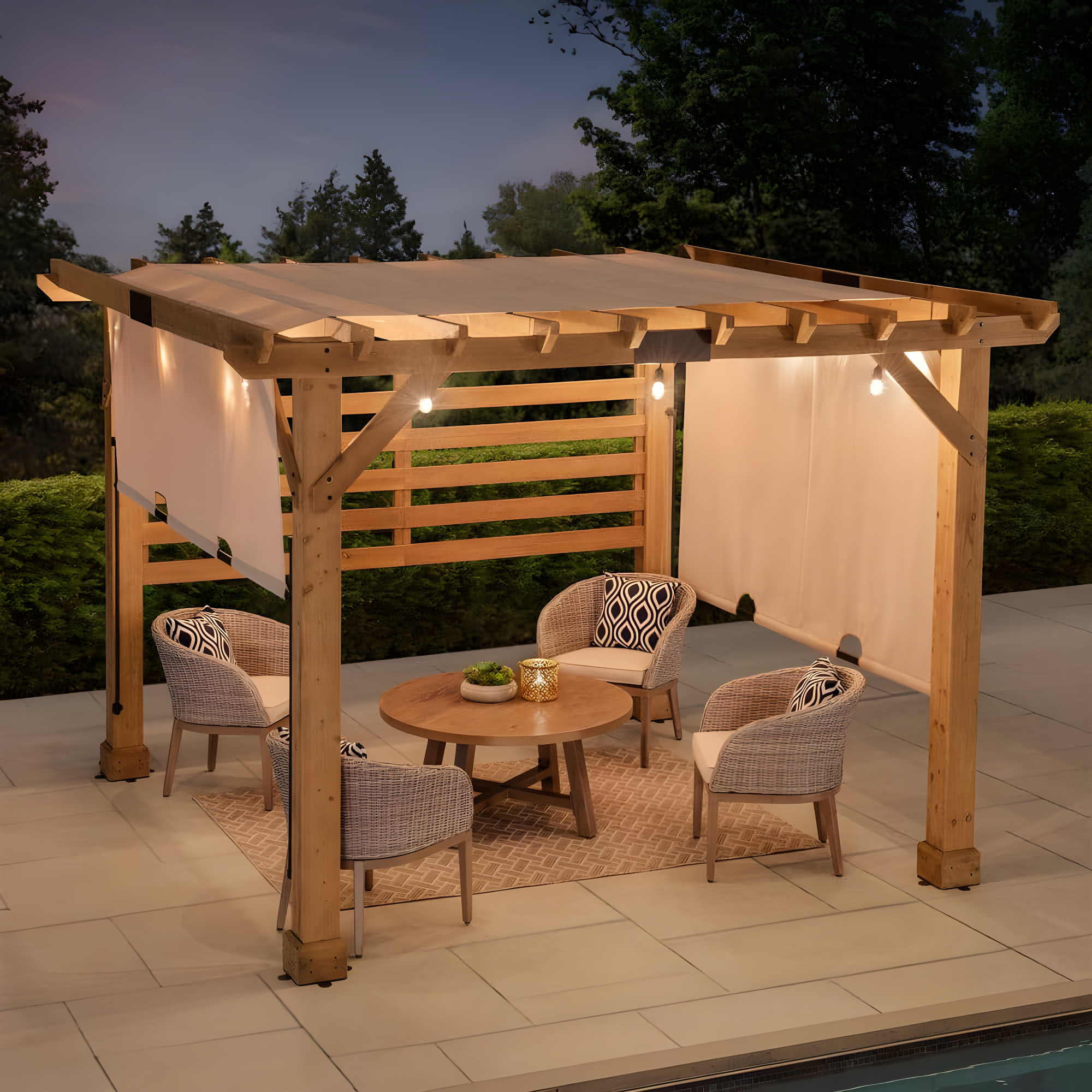 Sunjoy Cedar Pergola 10 x 11 ft. Wooden Hot Tub Pergola with Adjustable Canopy and Privacy Screen