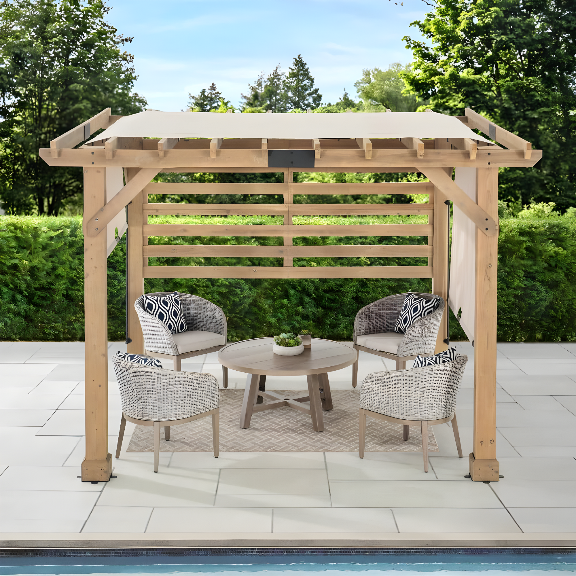 Sunjoy Cedar Pergola 10 x 11 ft. Wooden Hot Tub Pergola with Adjustable Canopy and Privacy Screen