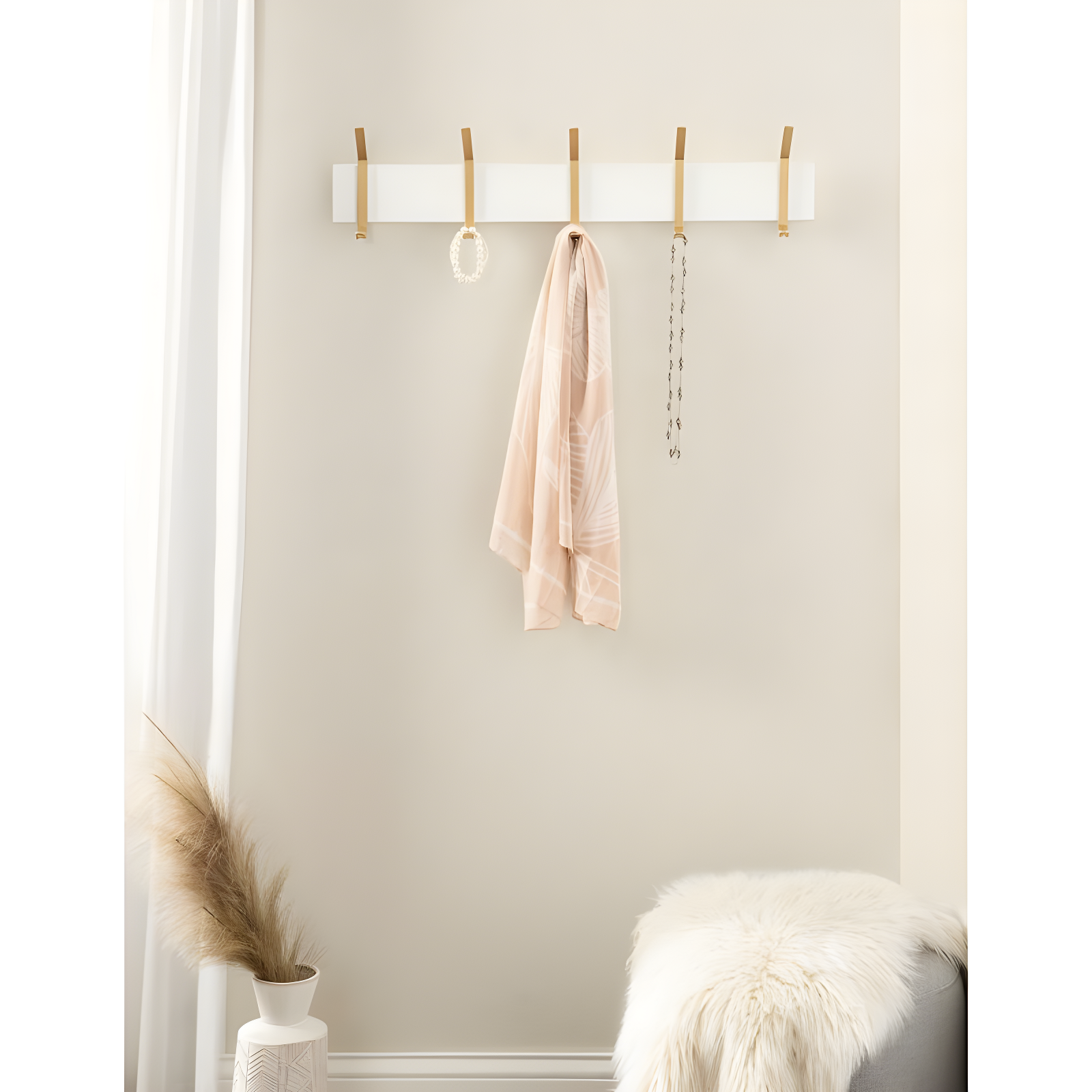 30"x6"x7.25" Rossmore Wood and Metal Hooks White - Kate & Laurel All Things Decor: Modern Wall-Mounted Storage