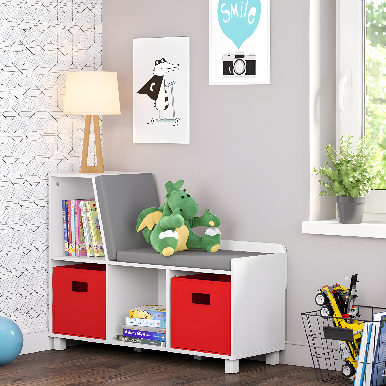 RiverRidge Home RiverRidge Kids Reading Book Nook Cushioned Toy Storage Bench with Cubby Organizers and 2 Fabric Bins- White