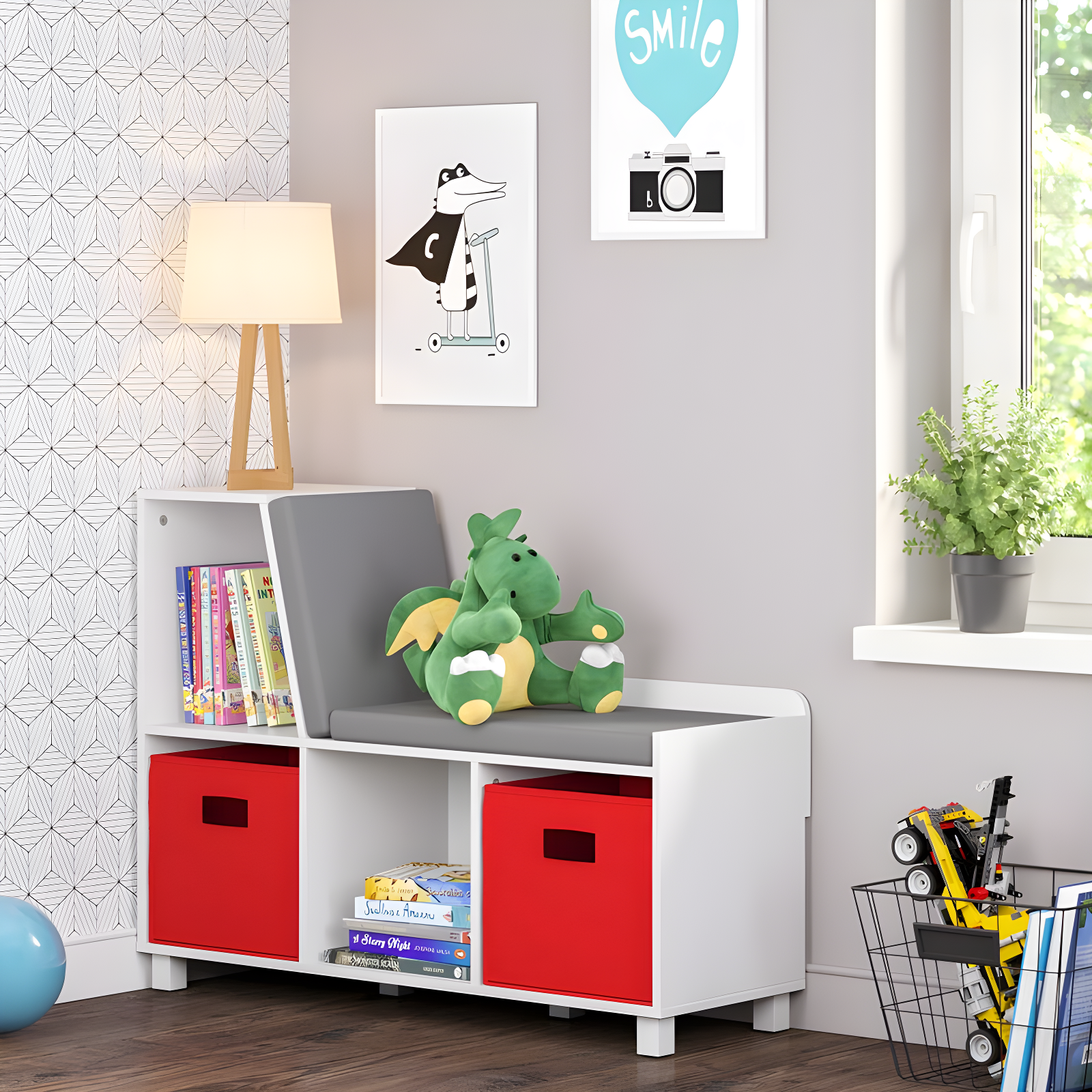 RiverRidge Home RiverRidge Kids Reading Book Nook Cushioned Toy Storage Bench with Cubby Organizers and 2 Fabric Bins- White