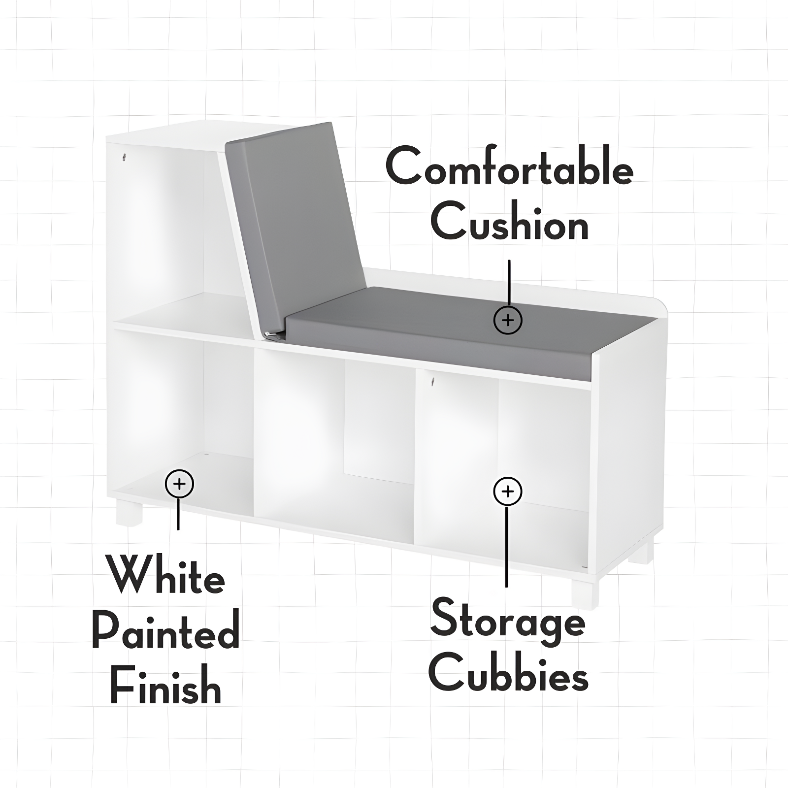 RiverRidge Home RiverRidge Kids Reading Book Nook Cushioned Toy Storage Bench with Cubby Organizers and 2 Fabric Bins- White