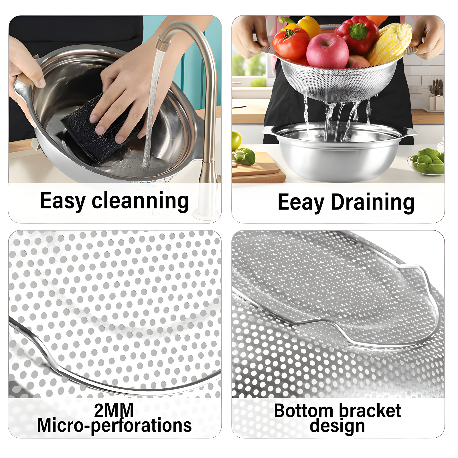 APPENIN WINTER PARK CORP Stainless Steel Colander For Kitchen, 3QT Rice Washer Strainer With Mixing Bowl, Colander Bowl Set With Microporous For Washing Rice, Pasta, Spaghetti, Fruits, Dishwasher Safe(2PC)