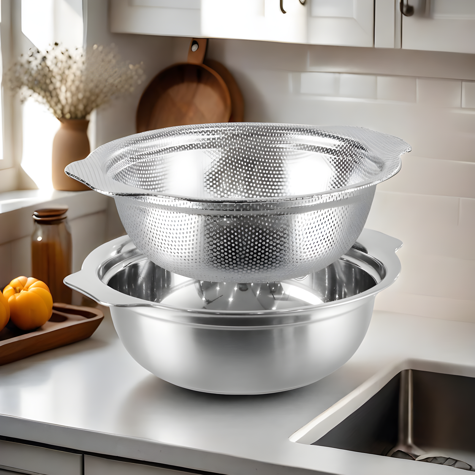 APPENIN WINTER PARK CORP Stainless Steel Colander For Kitchen, 3QT Rice Washer Strainer With Mixing Bowl, Colander Bowl Set With Microporous For Washing Rice, Pasta, Spaghetti, Fruits, Dishwasher Safe(2PC)
