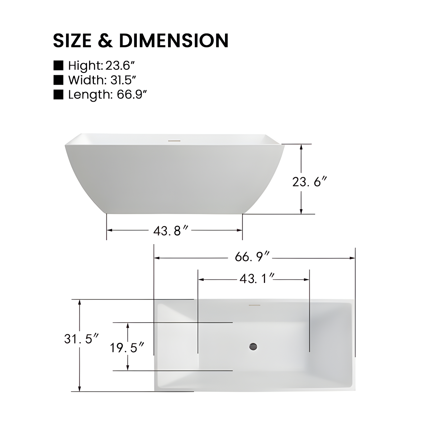 66.9" x 33" Freestanding Soaking Bathtub