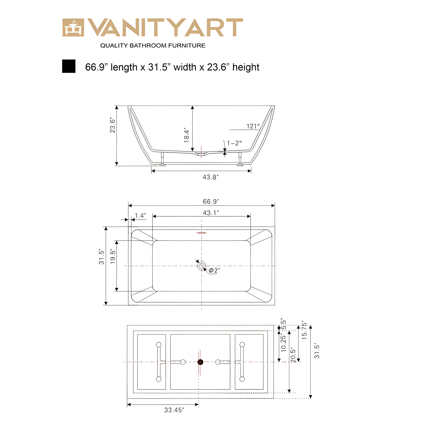 66.9" x 33" Freestanding Soaking Bathtub