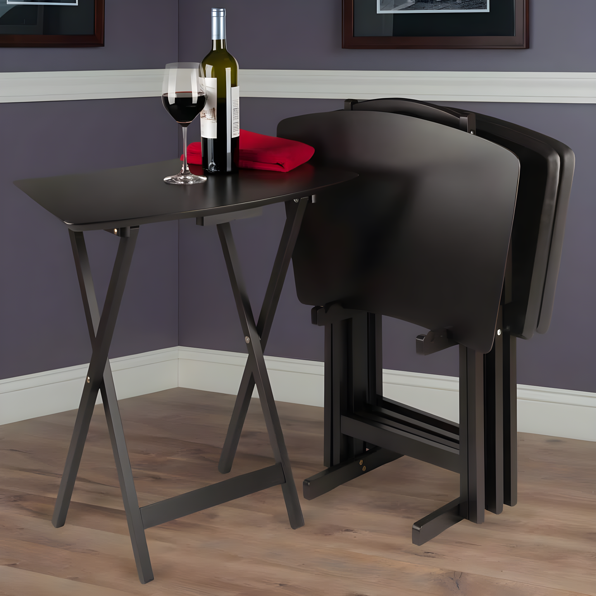 5pc Anila Fan Shape Snack Table Coffee - Winsome: Solid Wood Folding Tables, Beveled Edges, Storage Rack