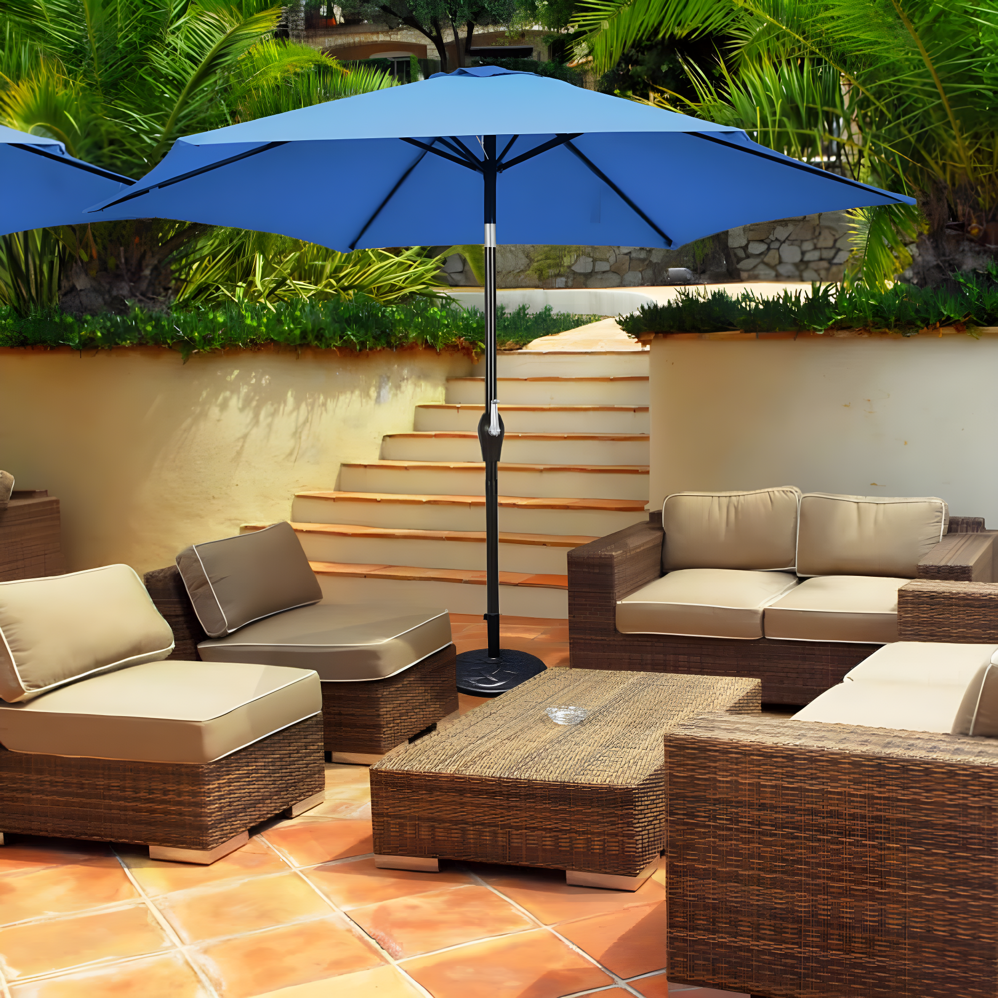 Resenkos 9 ft Outdoor Market Patio Table Umbrella Push Button Tilt Crank Lift-Blue, Patio Offset Umbrella with Easy Tilt Adjustment, Outdoor Hanging Umbrella, Sunshade Umbrella Canopy