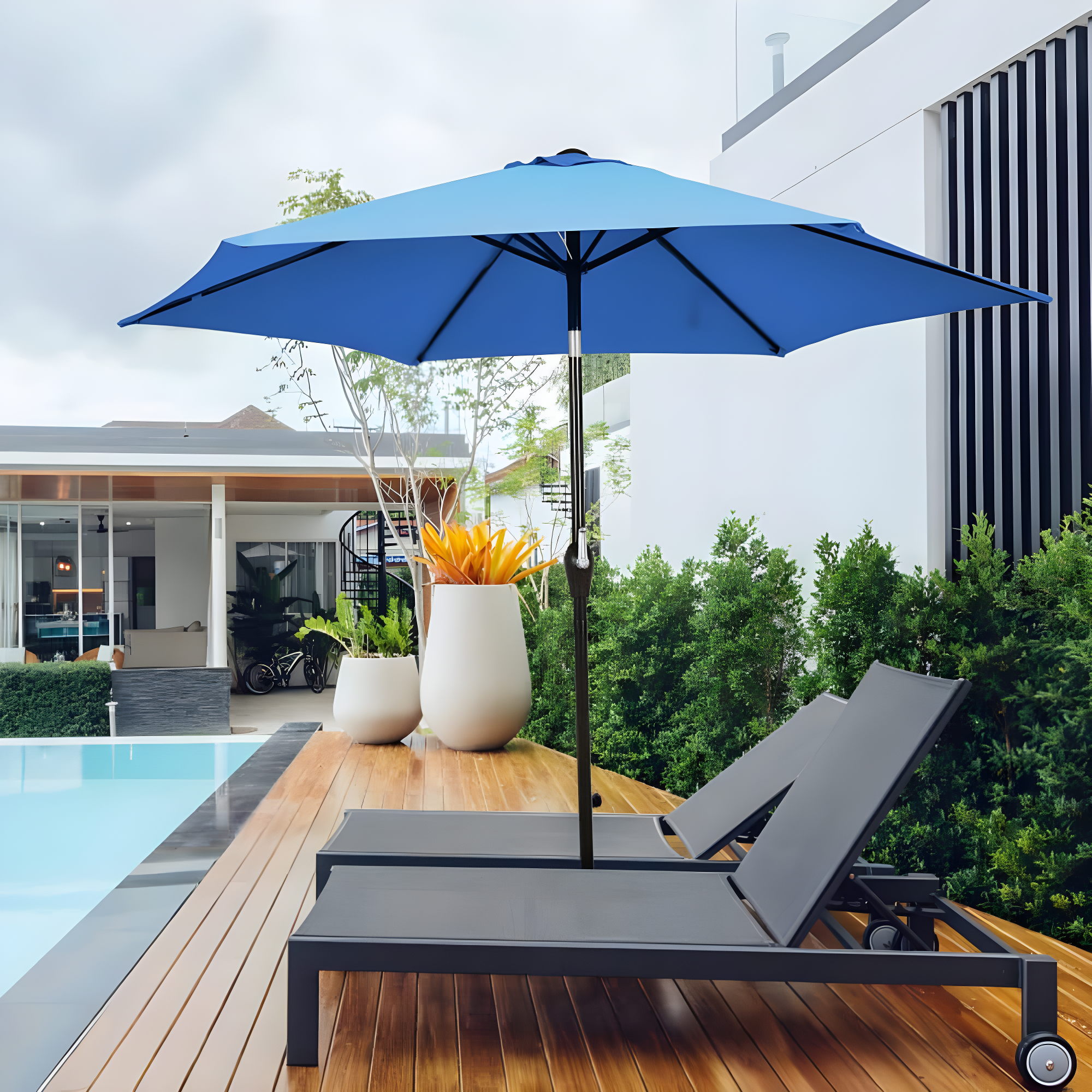 Resenkos 9 ft Outdoor Market Patio Table Umbrella Push Button Tilt Crank Lift-Blue, Patio Offset Umbrella with Easy Tilt Adjustment, Outdoor Hanging Umbrella, Sunshade Umbrella Canopy