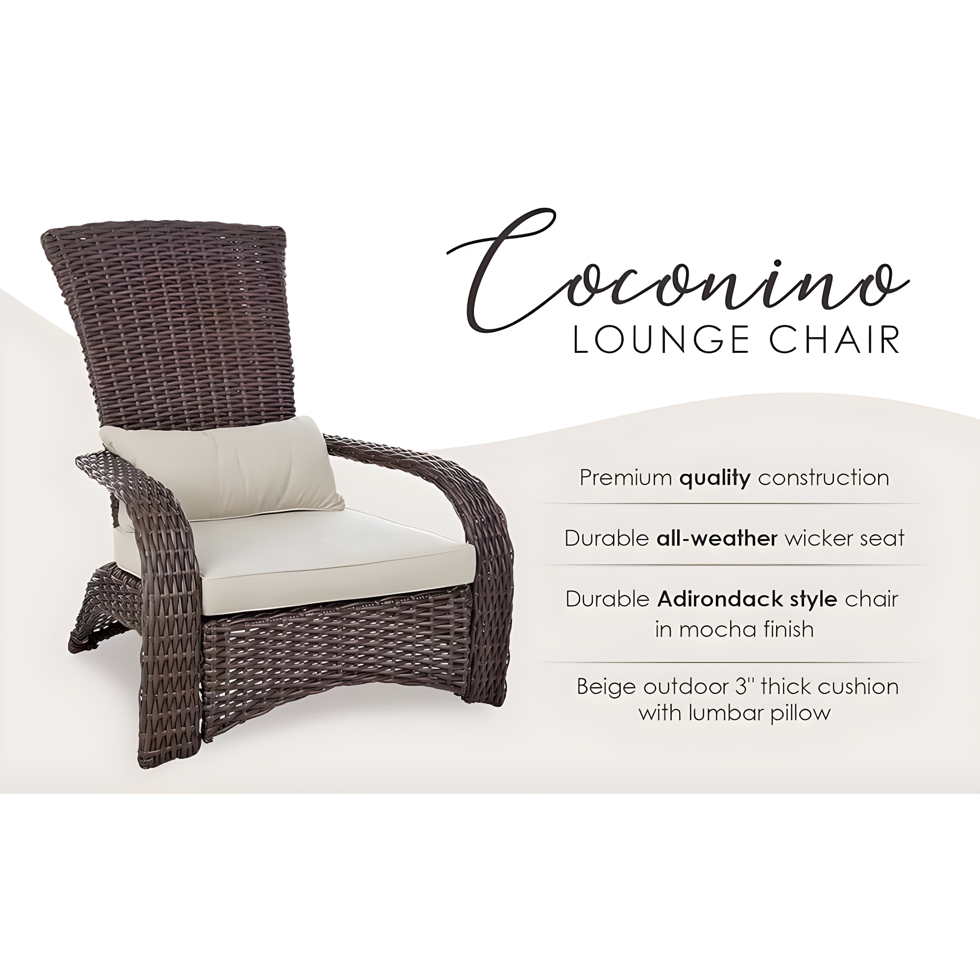 PatioSense Patio Sense Coconino Wicker Lounge Chair, Adirondack Style Includes 3" Thick Beige Cushion & Lumbar Pillow