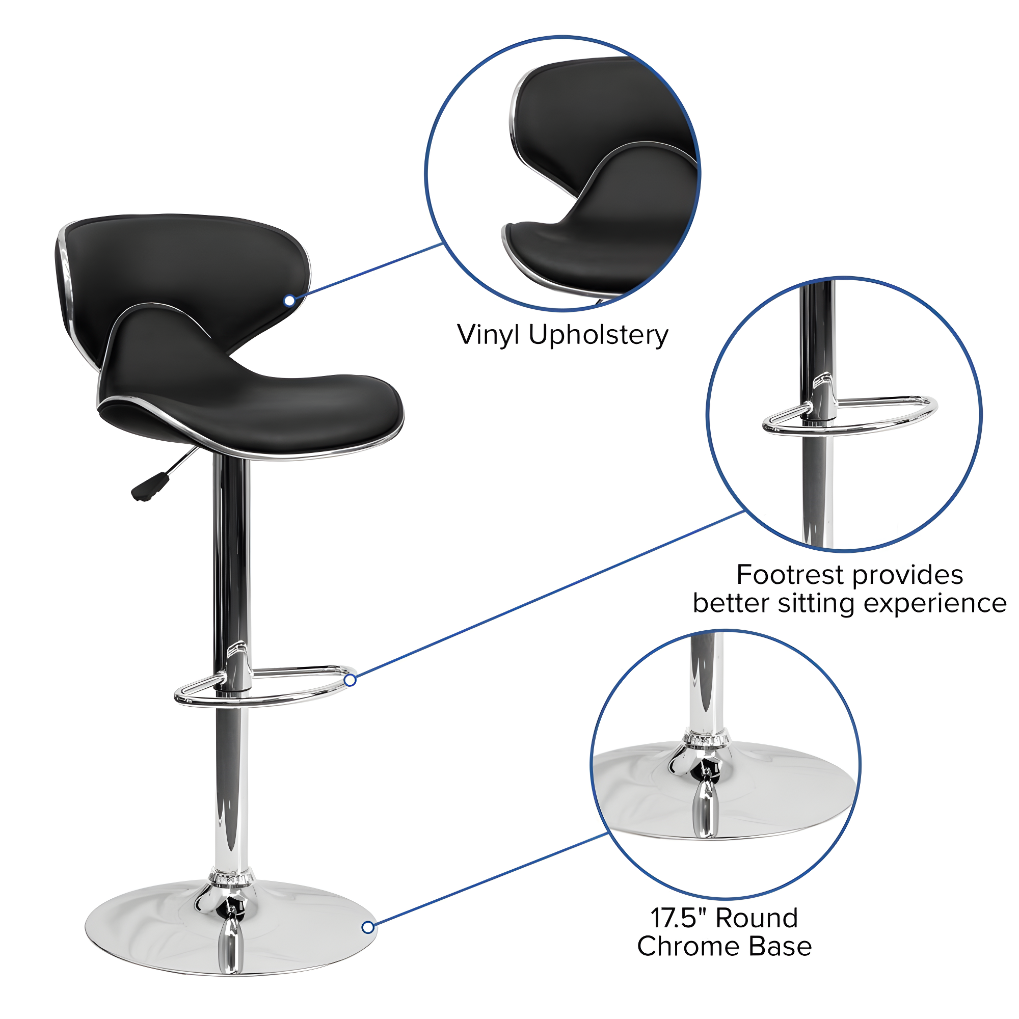 Flash Furniture Contemporary Cozy Mid-Back Black Vinyl Adjustable Height Barstool with Chrome Base