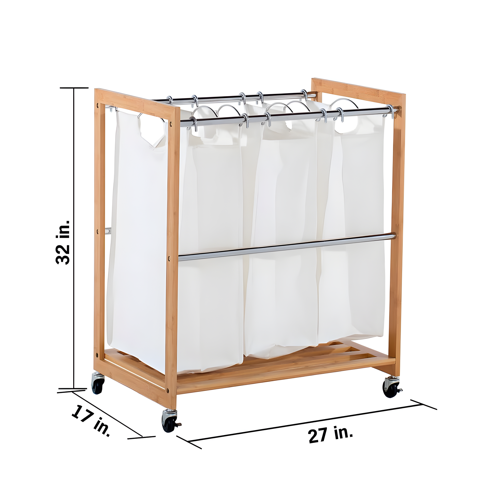 TRINITY EcoStorage 3-Bag Rolling Bamboo Laundry Cart w/ Poles