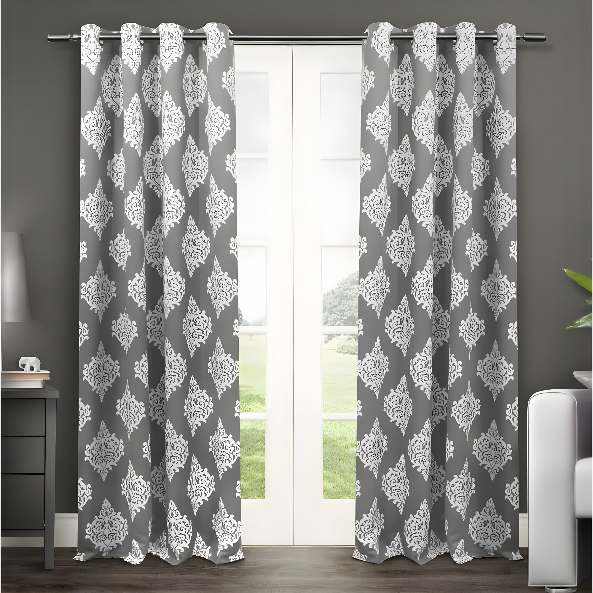Set of 2 108"x52" Medallion Blackout Thermal Grommet Top Window Curtain Panel Black Pearl - Exclusive Home: Indoor Polyester
