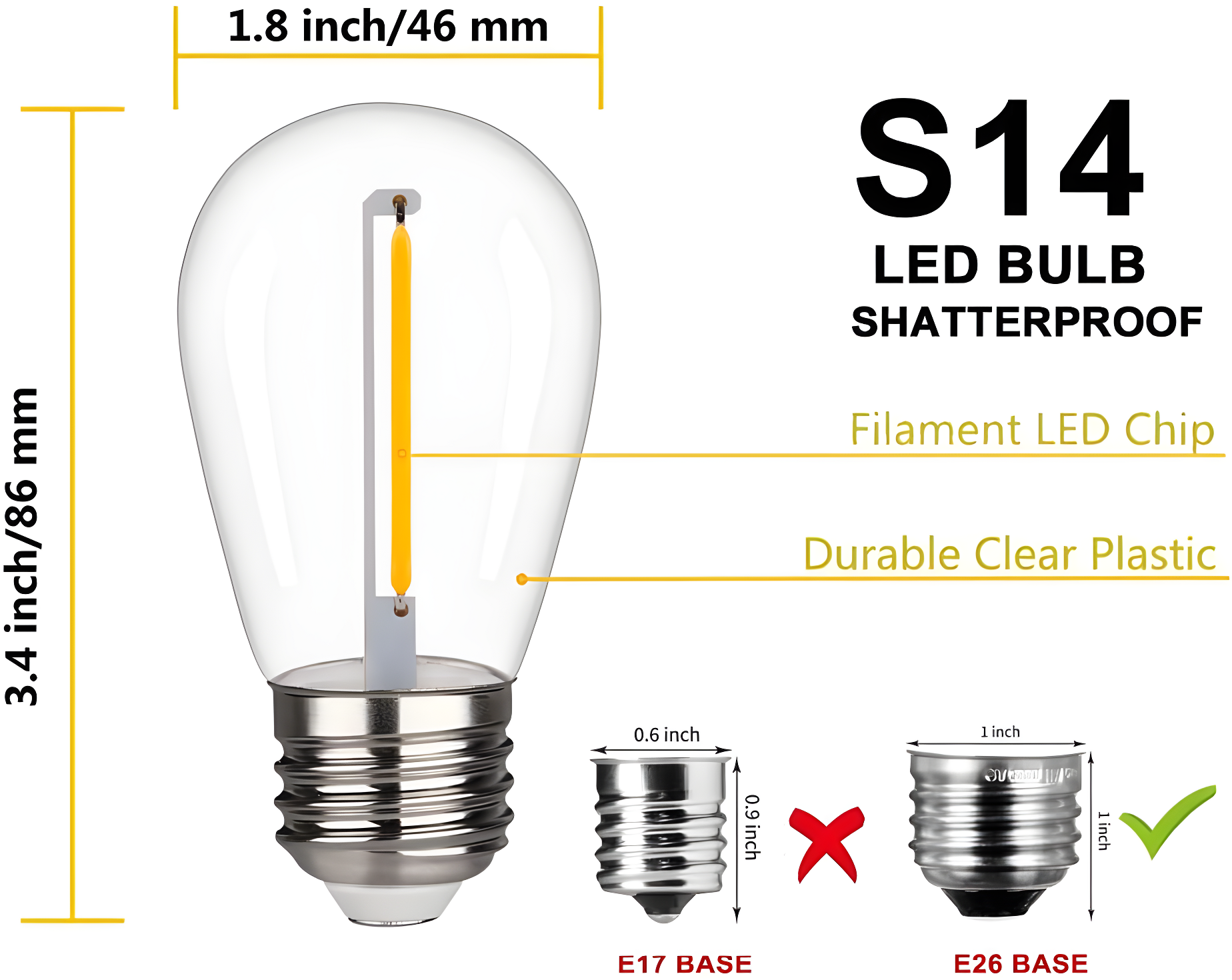 Svater Replacement Bulbs for Outdoor String Lights, 15 Pack S14 LED Bulbs for Patio, E26 Base 1W Bulb Equal to 11W Incandescent, Dimmable,Shatterproof 2700K Warm White