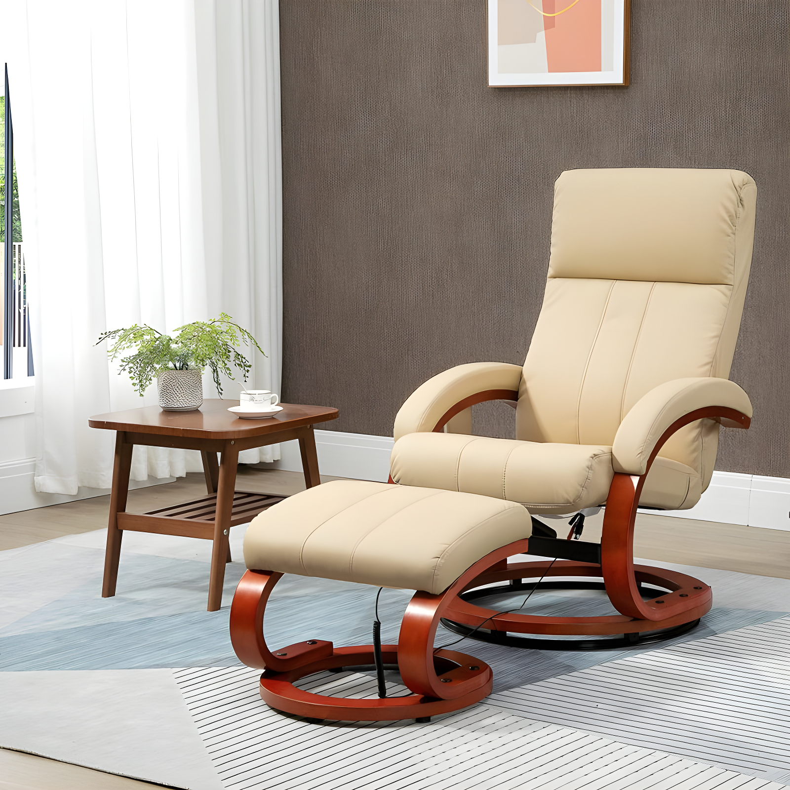 HOMCOM Recliner Chair with Ottoman, Electric Faux Leather Swivel Reclining Chair with 10 Vibration Points, 5 Massage Mode, Remote Control, Beige