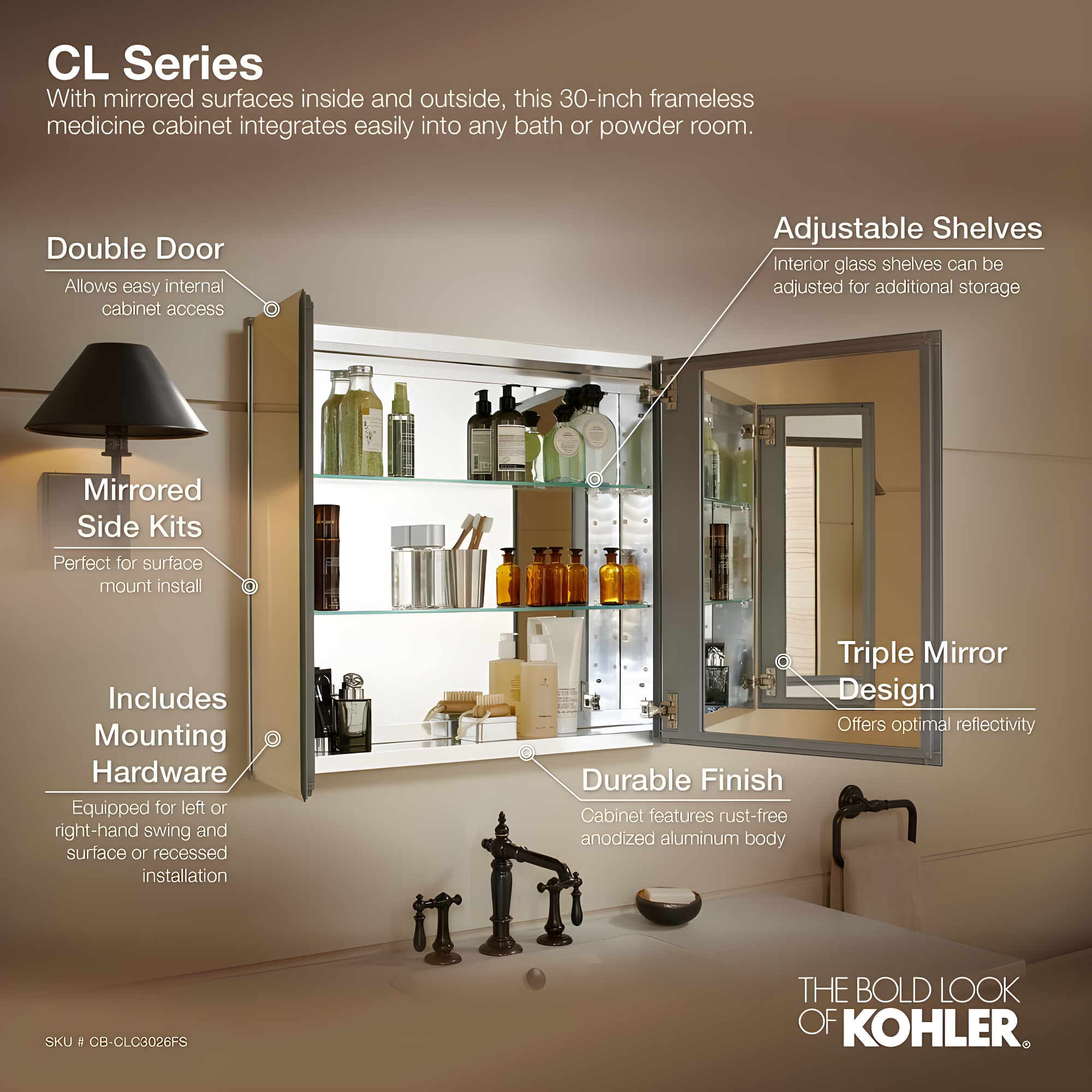 CLC Aluminum Two-Door Medicine Cabinet With Mirrored Doors, Beveled Edges