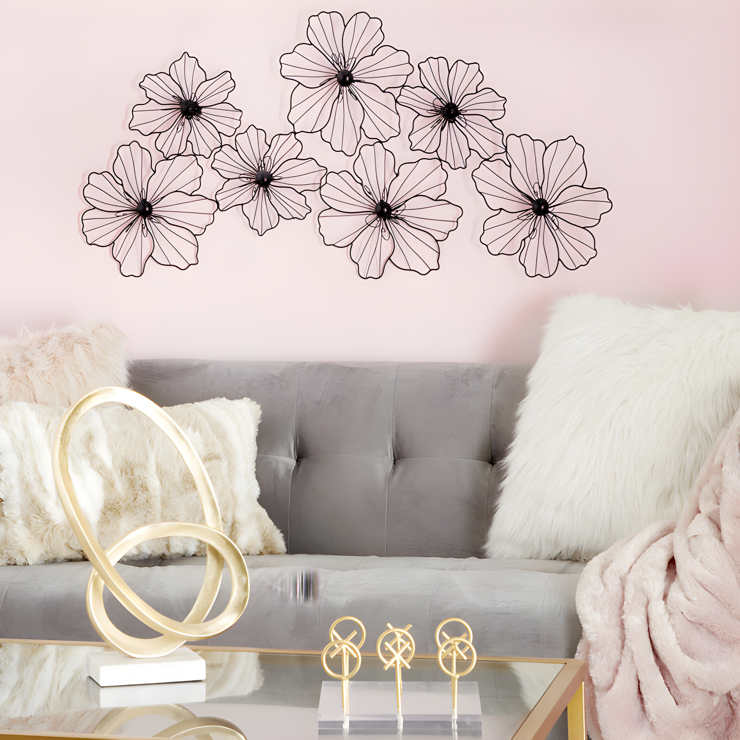 Metal Wire Foiled Floral Home Wall Decor with Scroll Accents