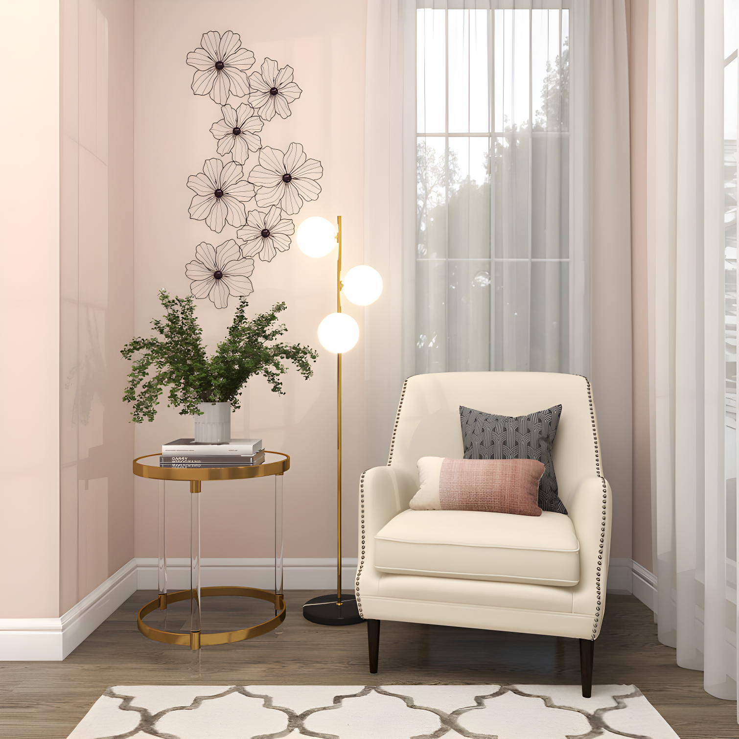 Metal Wire Foiled Floral Home Wall Decor with Scroll Accents